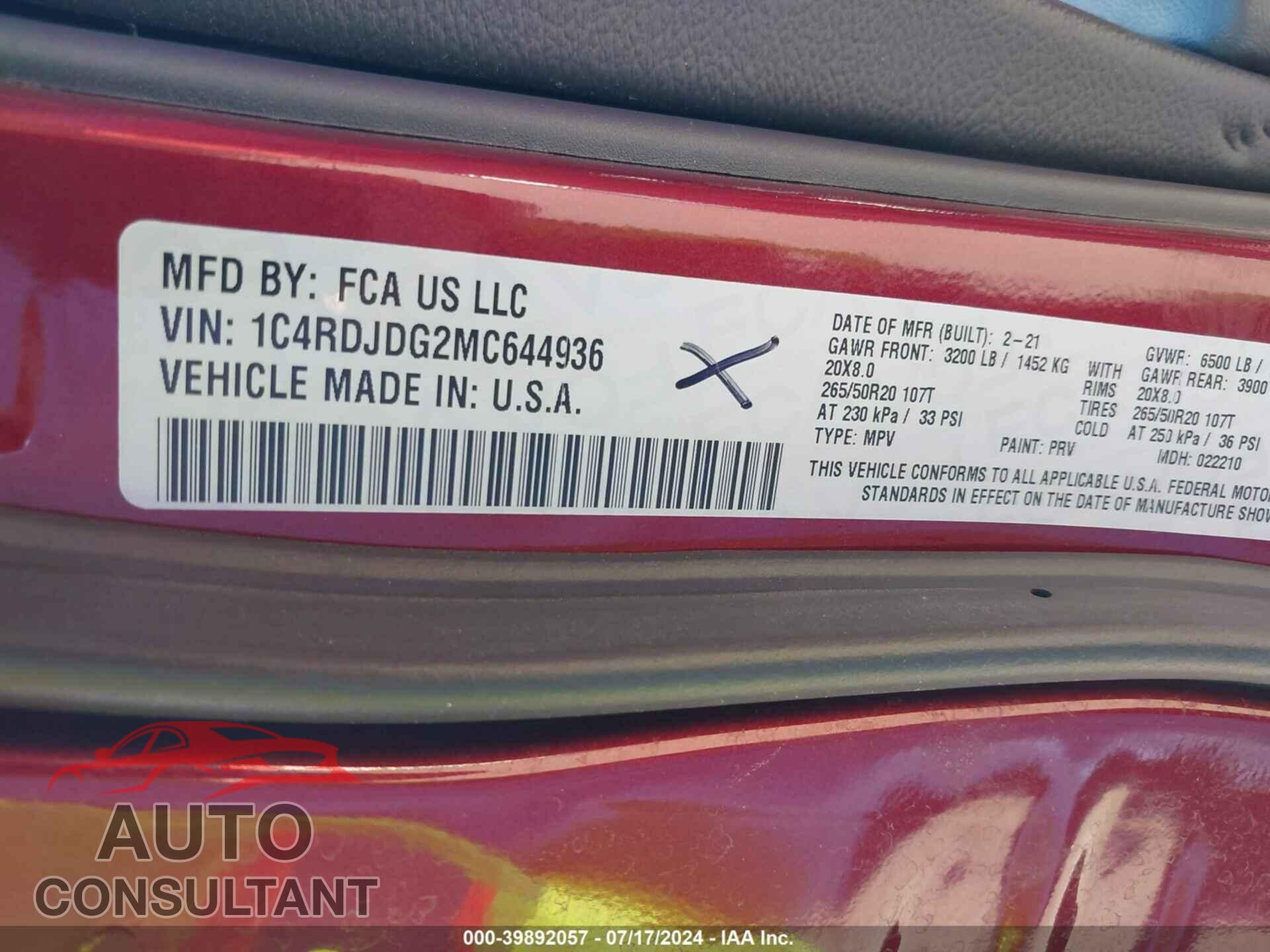 DODGE DURANGO 2021 - 1C4RDJDG2MC644936