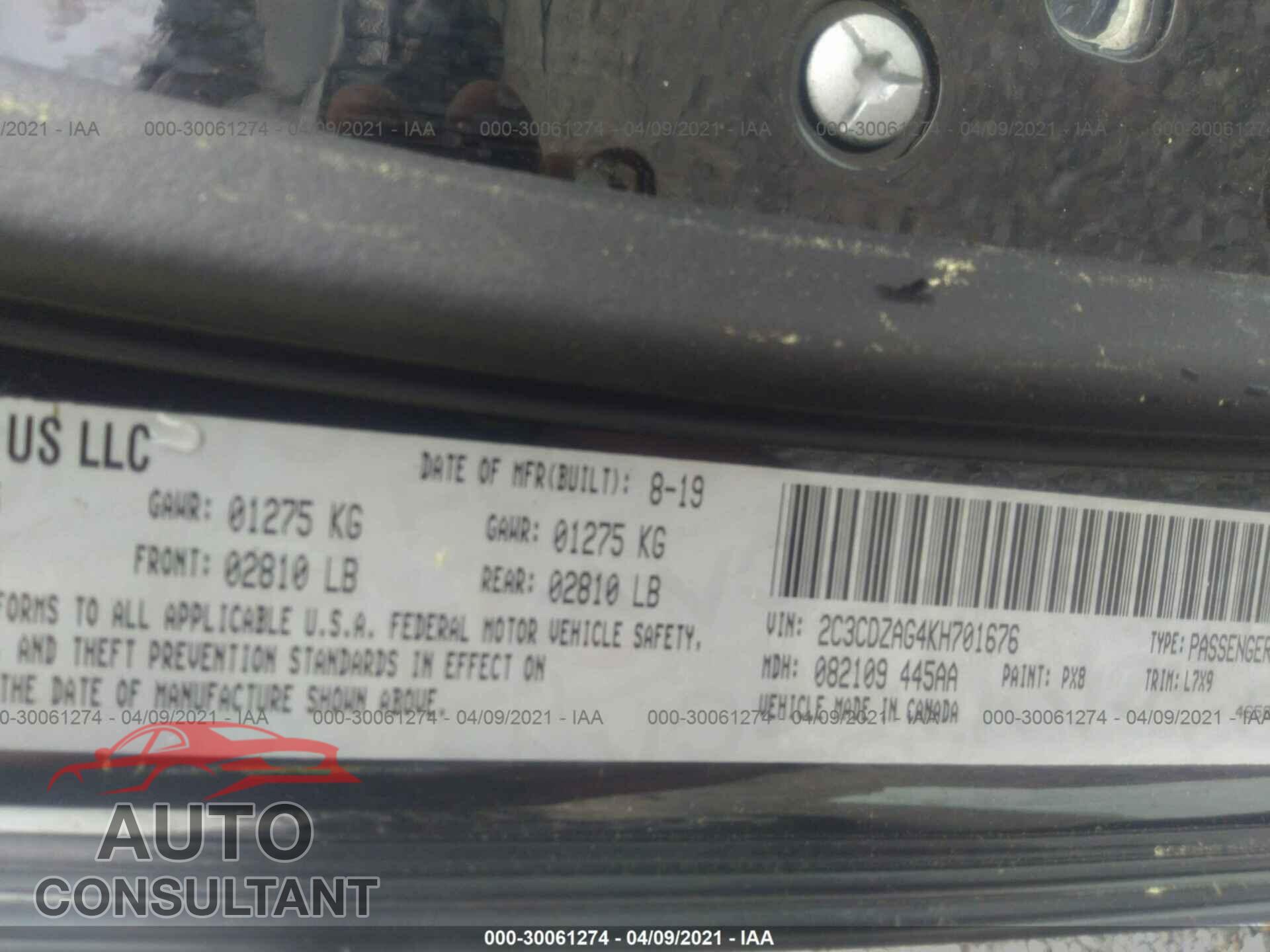 DODGE CHALLENGER 2019 - 2C3CDZAG4KH701676