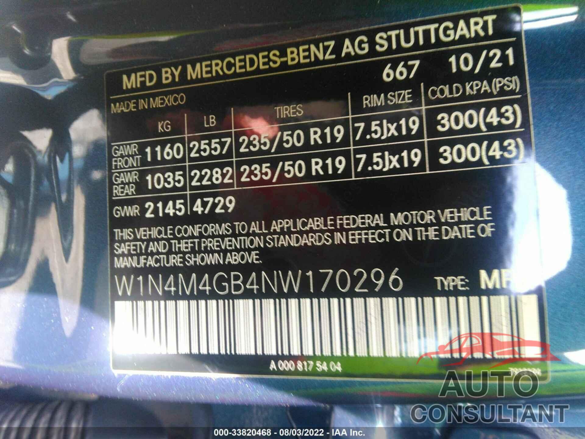 MERCEDES-BENZ GLB 2022 - W1N4M4GB4NW170296