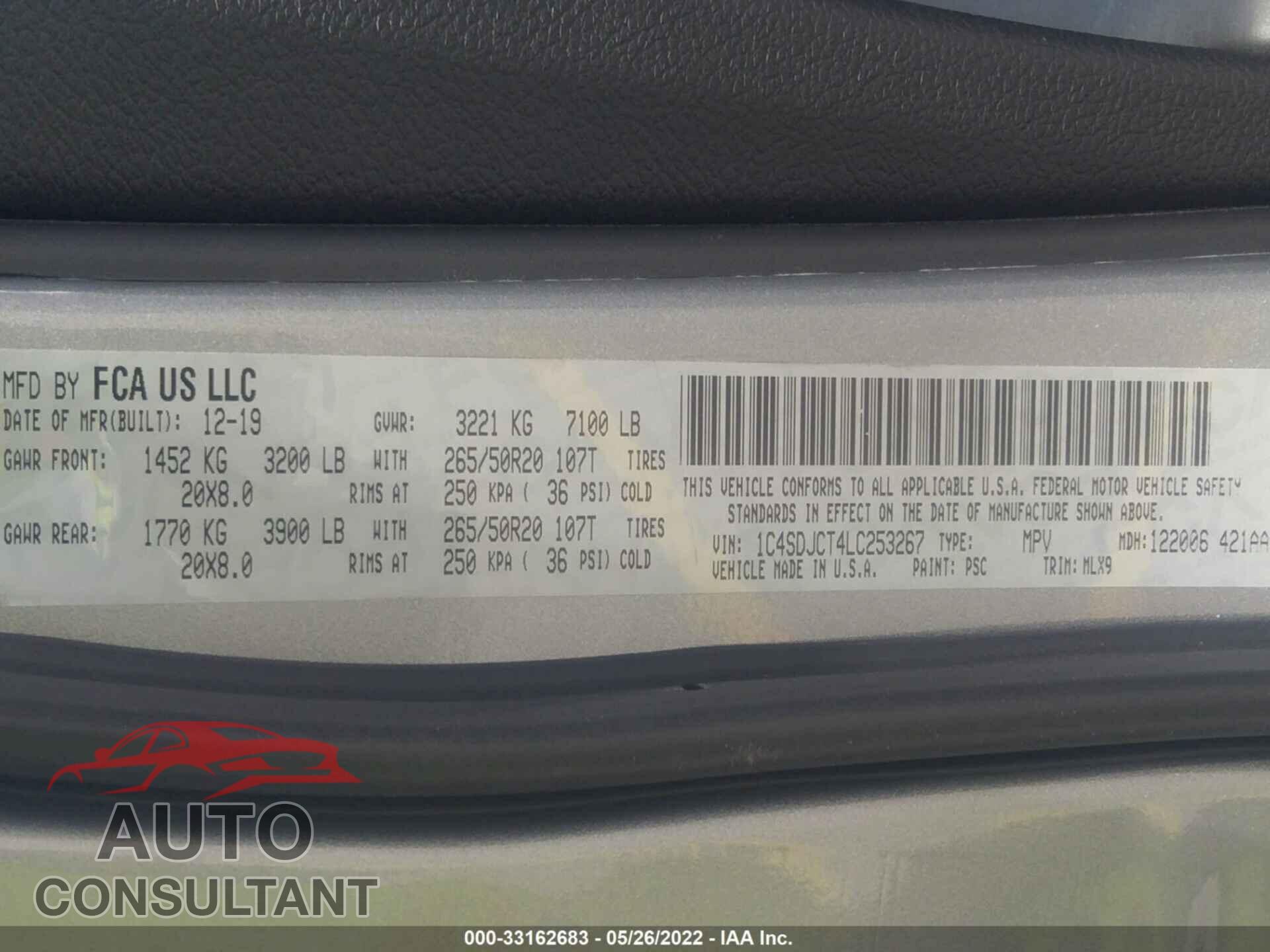 DODGE DURANGO 2020 - 1C4SDJCT4LC253267