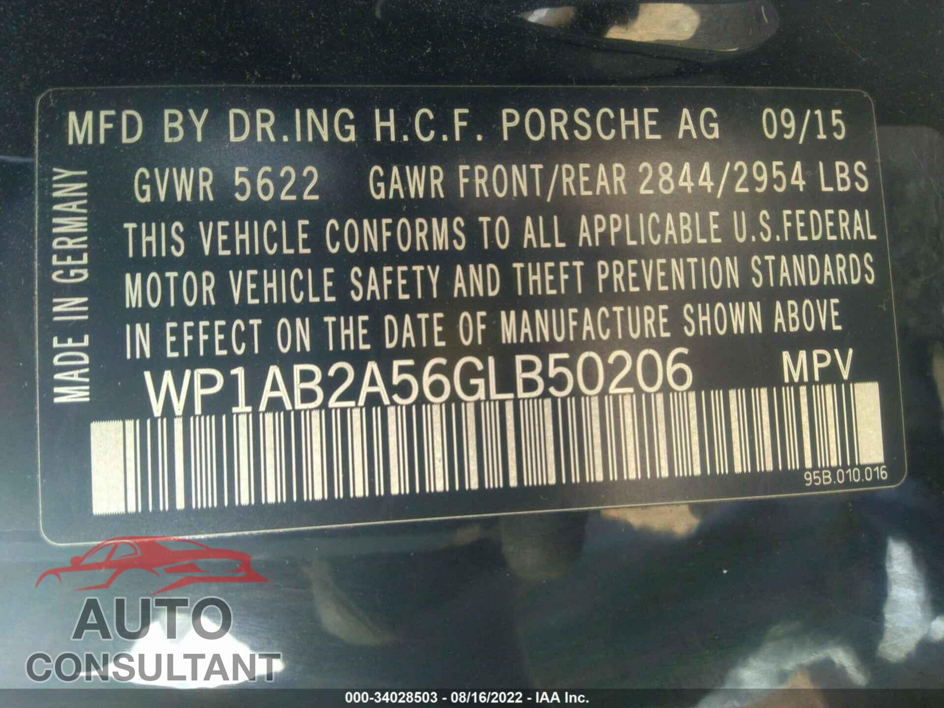PORSCHE MACAN 2016 - WP1AB2A56GLB50206
