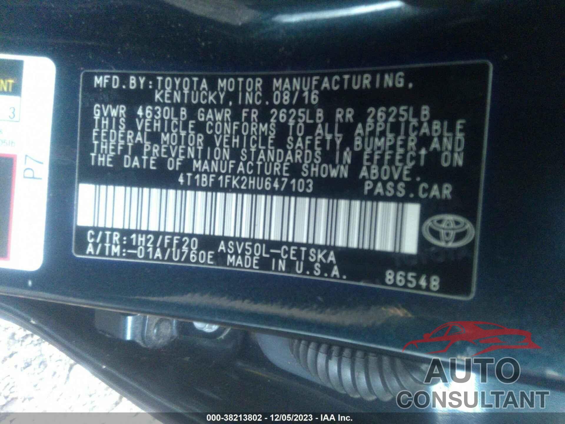 TOYOTA CAMRY 2017 - 4T1BF1FK2HU647103