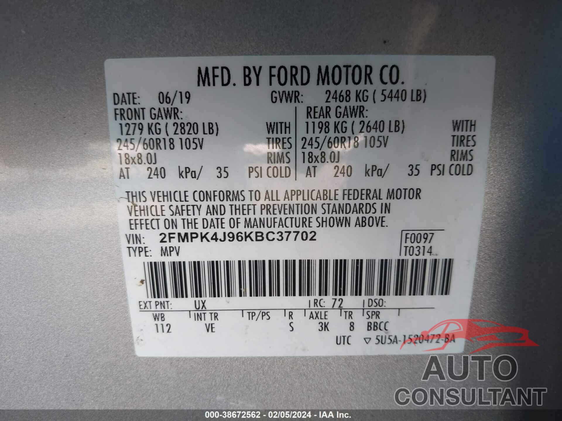 FORD EDGE 2019 - 2FMPK4J96KBC37702