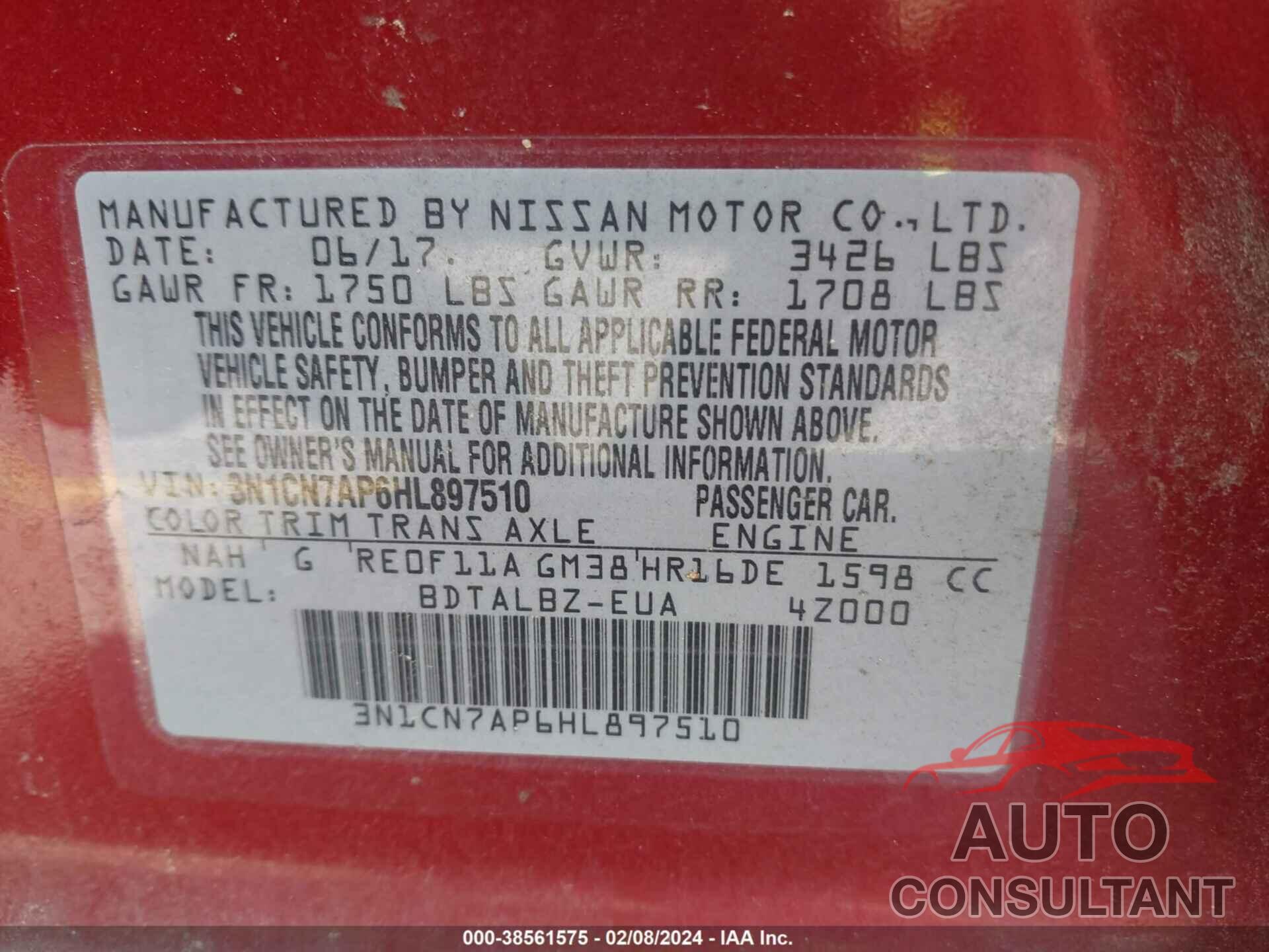 NISSAN VERSA 2017 - 3N1CN7AP6HL897510