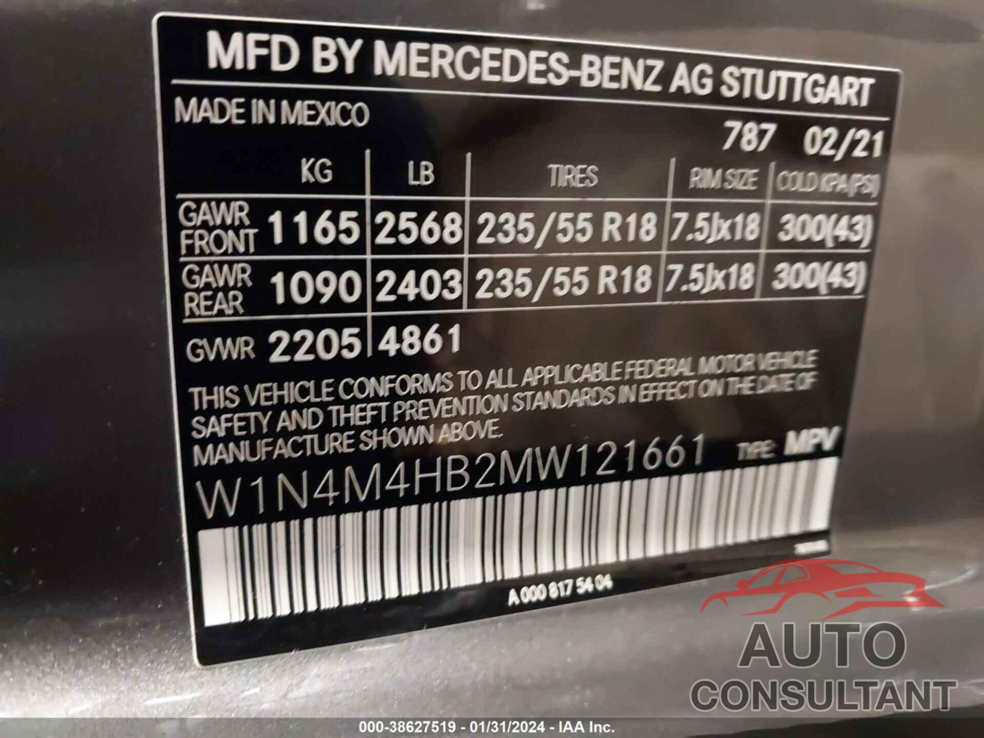 MERCEDES-BENZ GLB 250 2021 - W1N4M4HB2MW121661