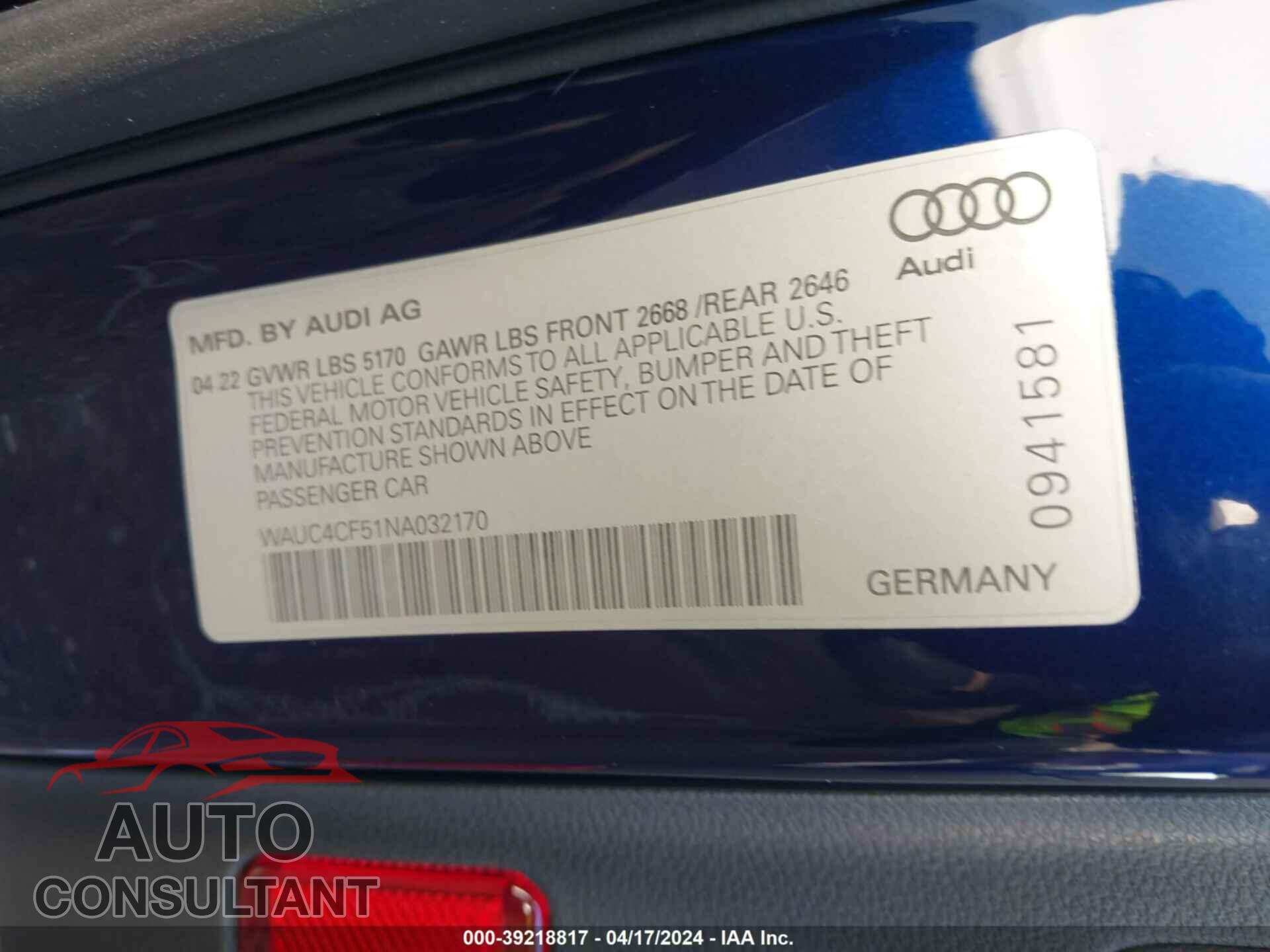 AUDI S5 2022 - WAUC4CF51NA032170