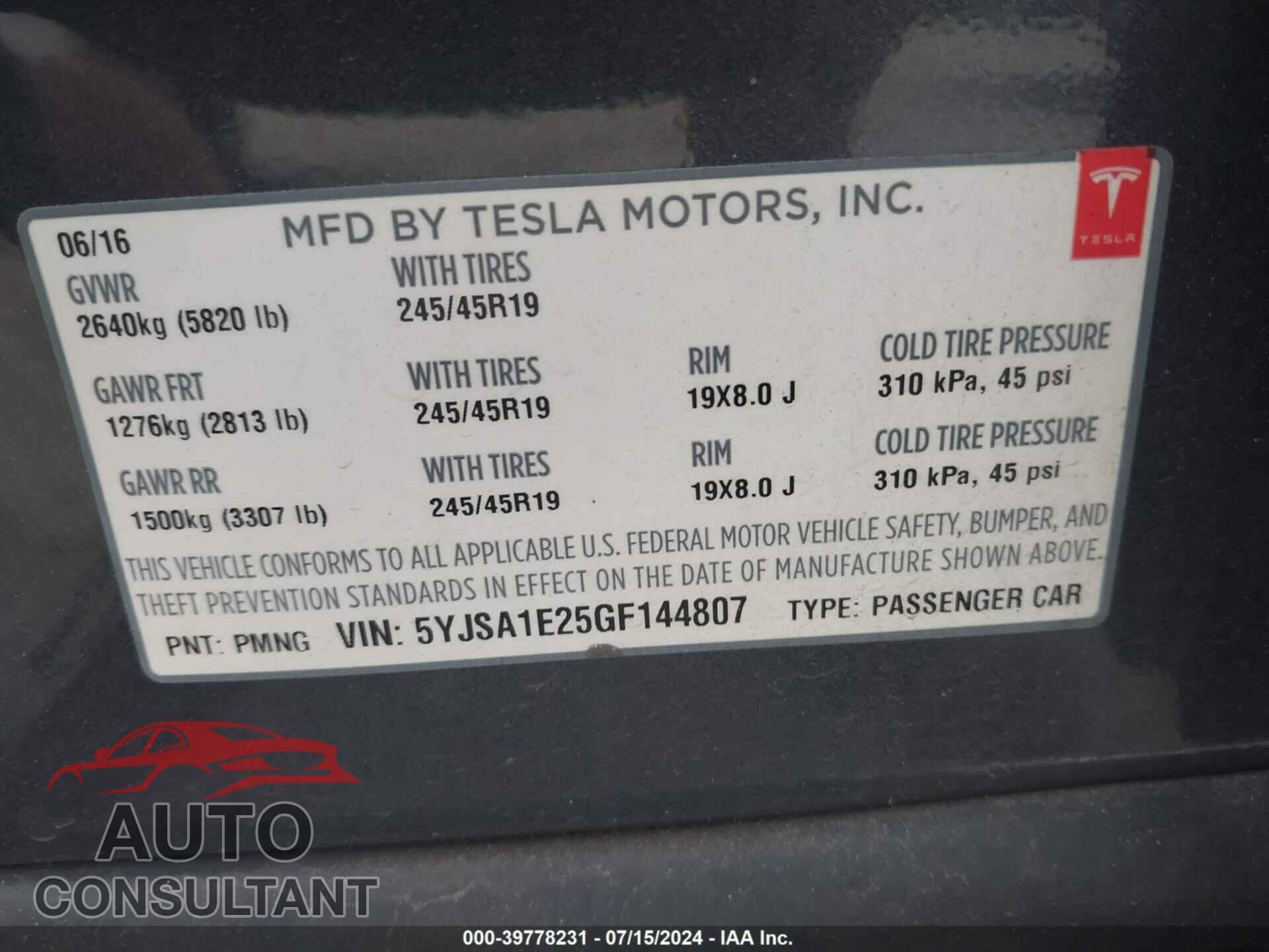 TESLA MODEL S 2016 - 5YJSA1E25GF144807