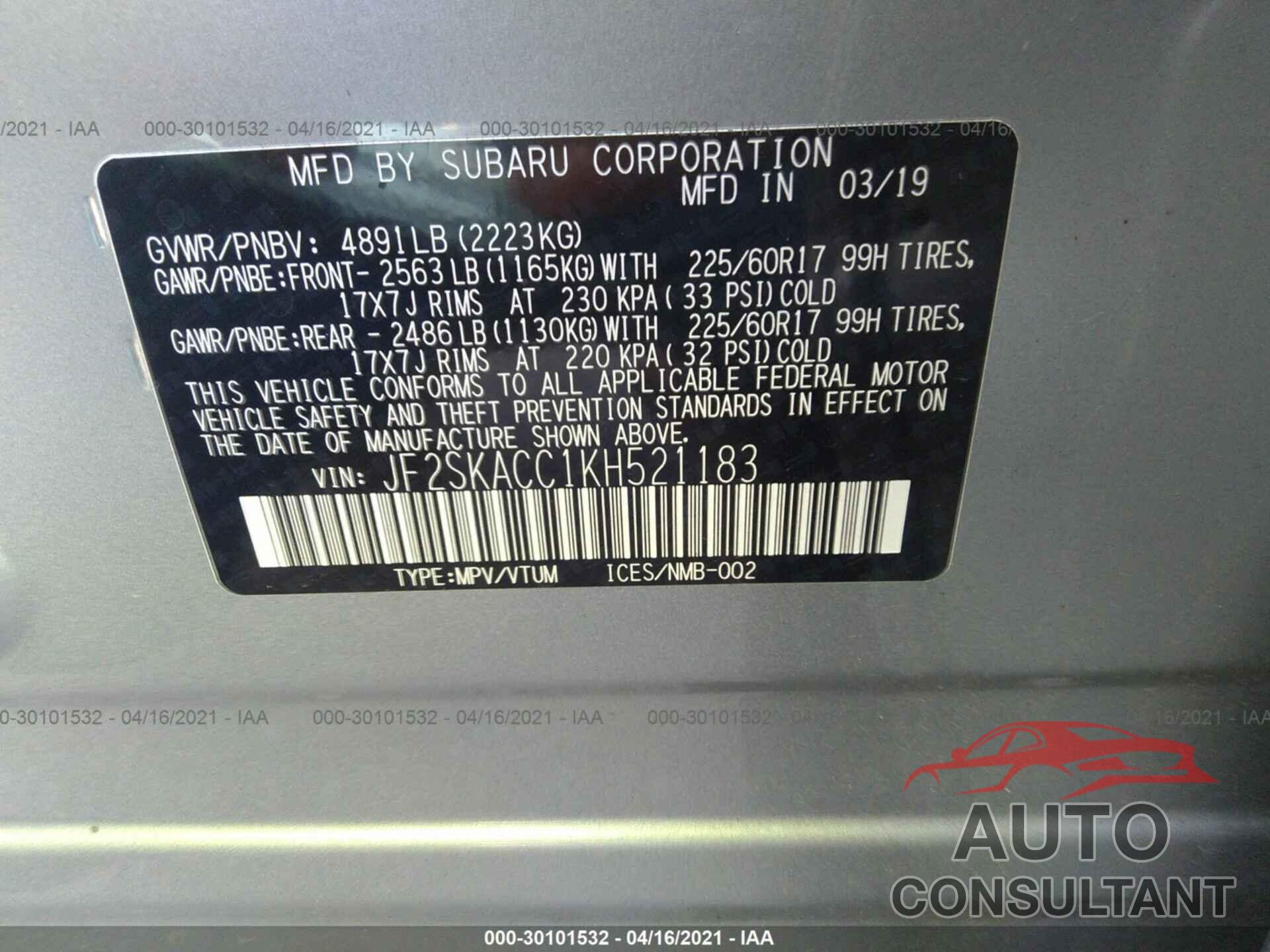 SUBARU FORESTER 2019 - JF2SKACC1KH521183