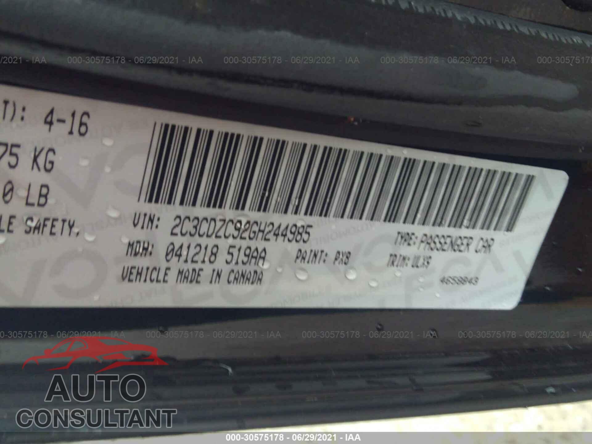 DODGE CHALLENGER 2016 - 2C3CDZC92GH244985