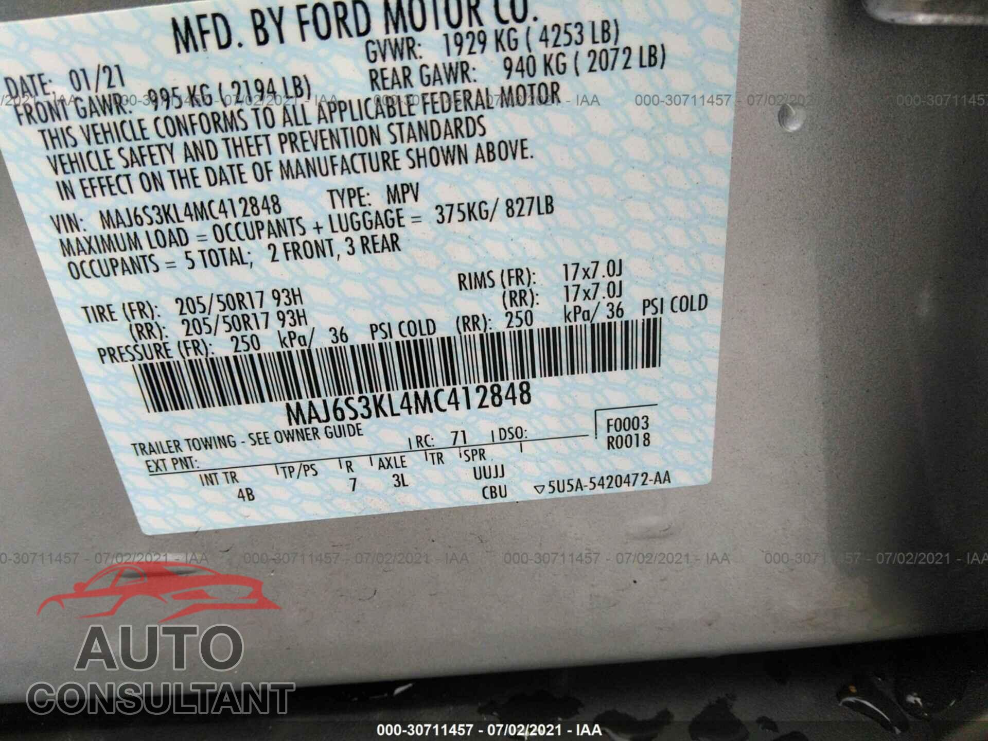 FORD ECOSPORT 2021 - MAJ6S3KL4MC412848