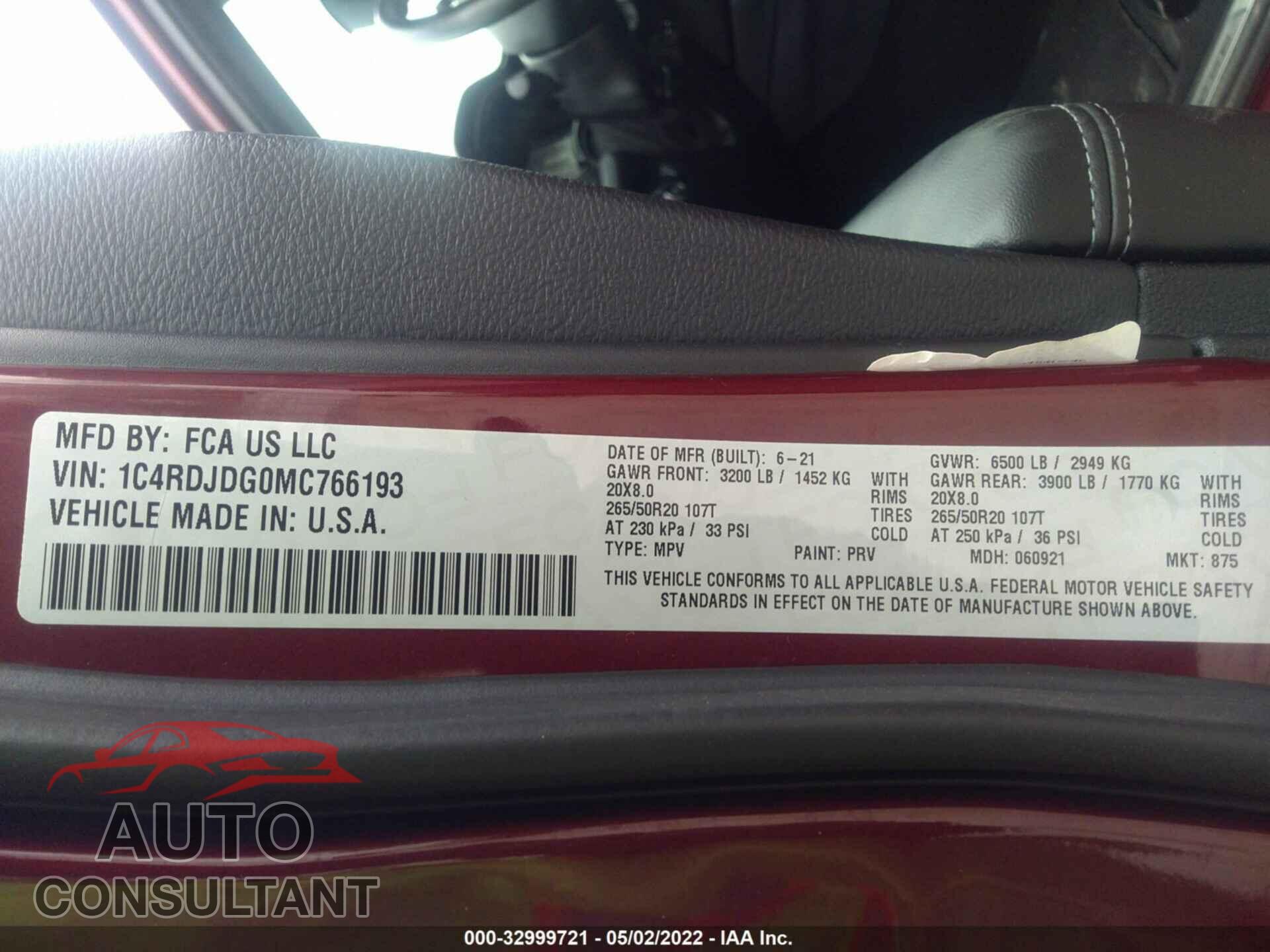 DODGE DURANGO 2021 - 1C4RDJDG0MC766193