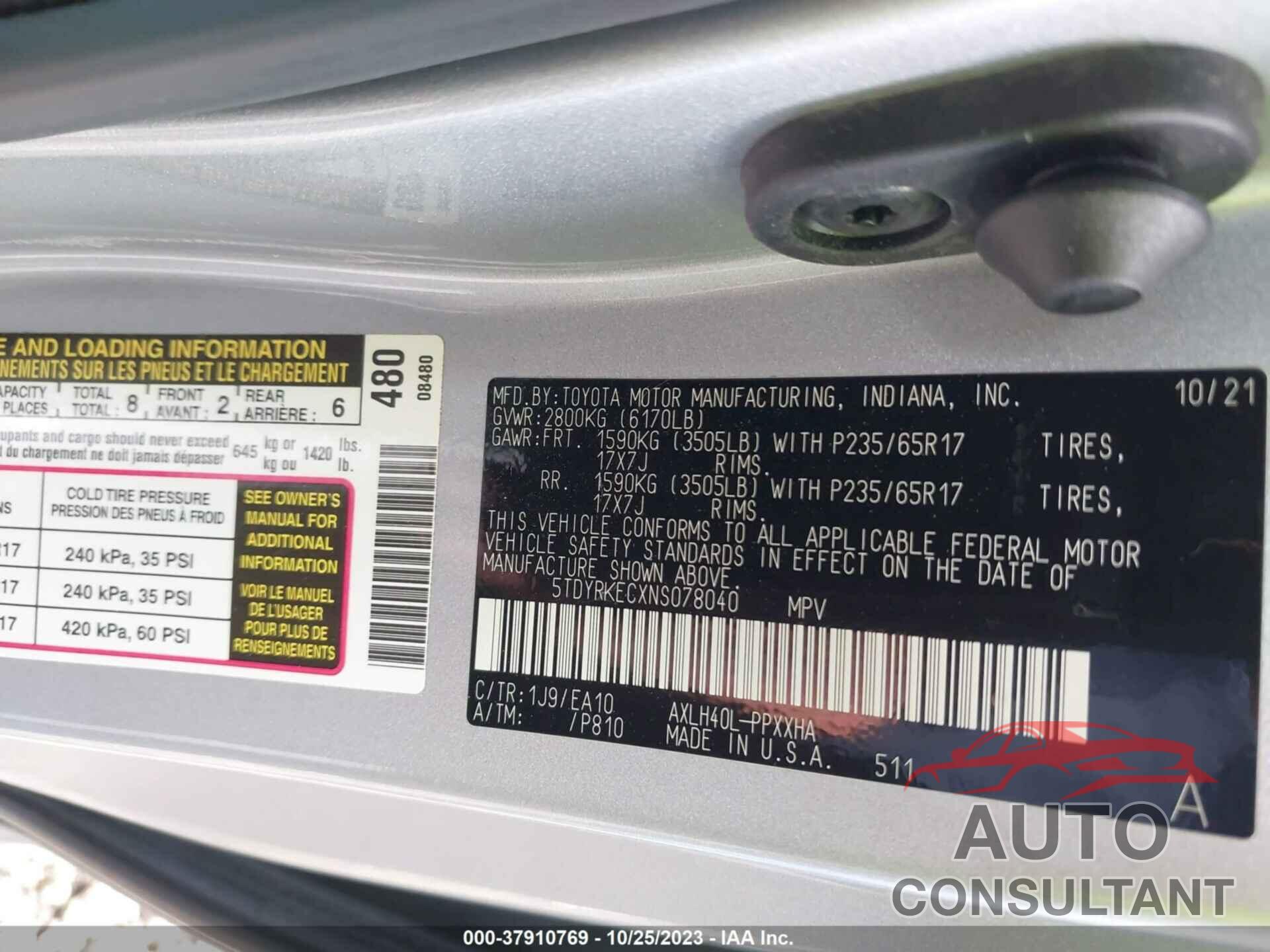 TOYOTA SIENNA 2022 - 5TDYRKECXNS078040