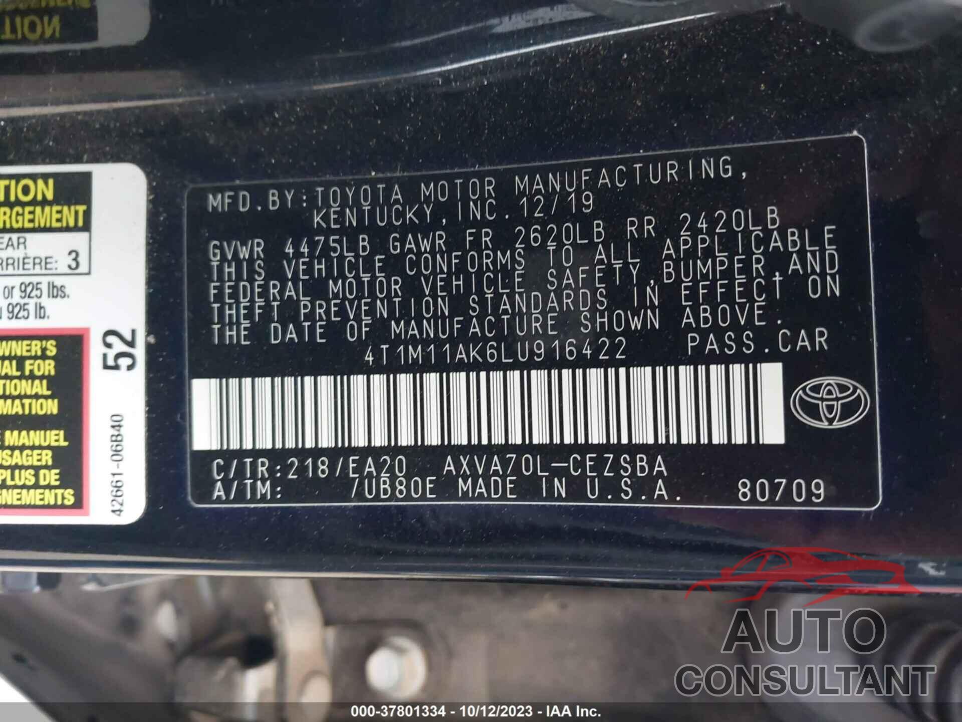 TOYOTA CAMRY 2020 - 4T1M11AK6LU916422