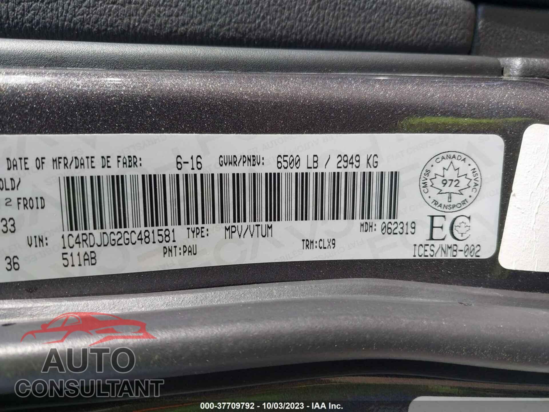 DODGE DURANGO 2016 - 1C4RDJDG2GC481581