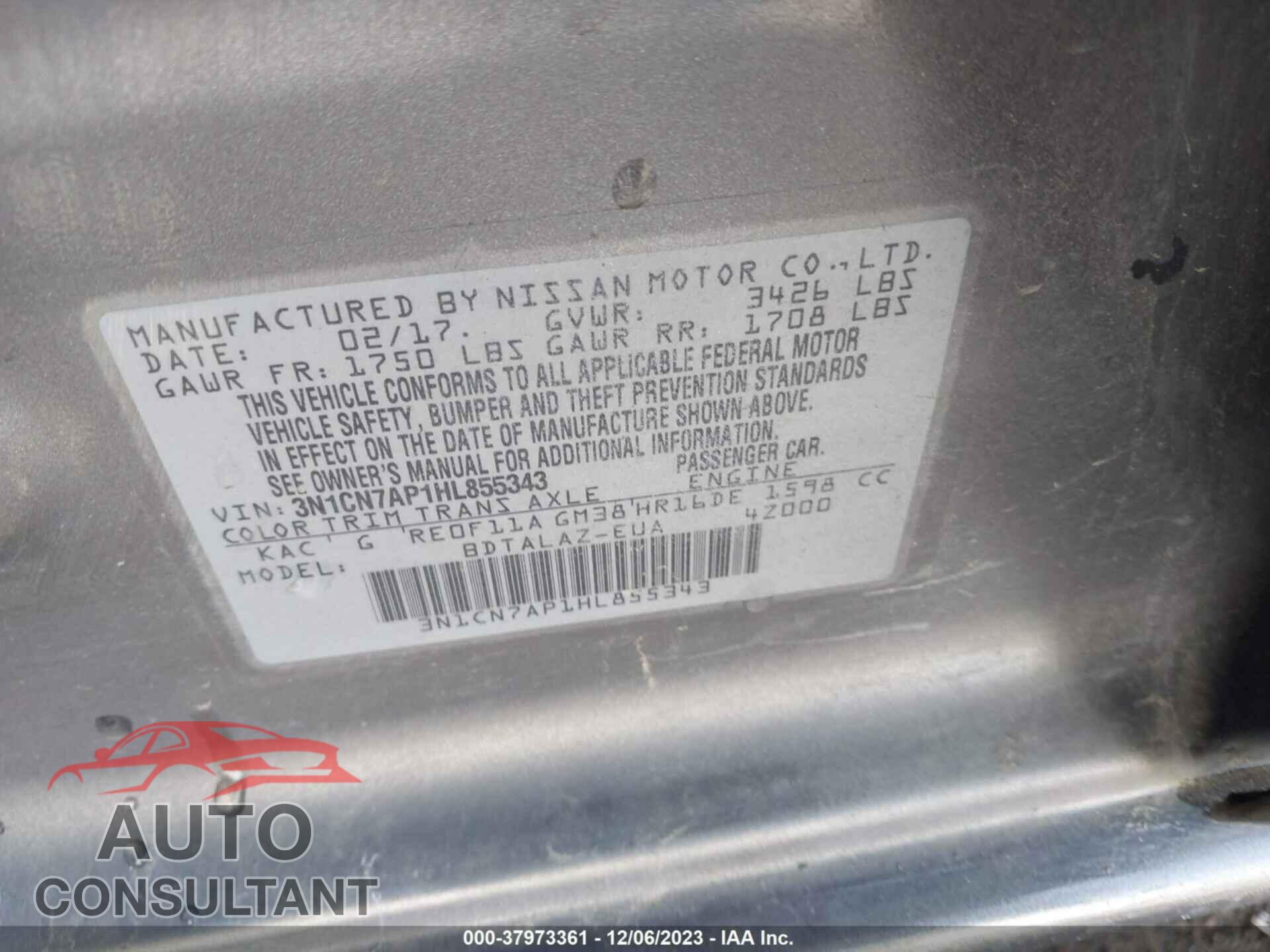 NISSAN VERSA 2017 - 3N1CN7AP1HL855343
