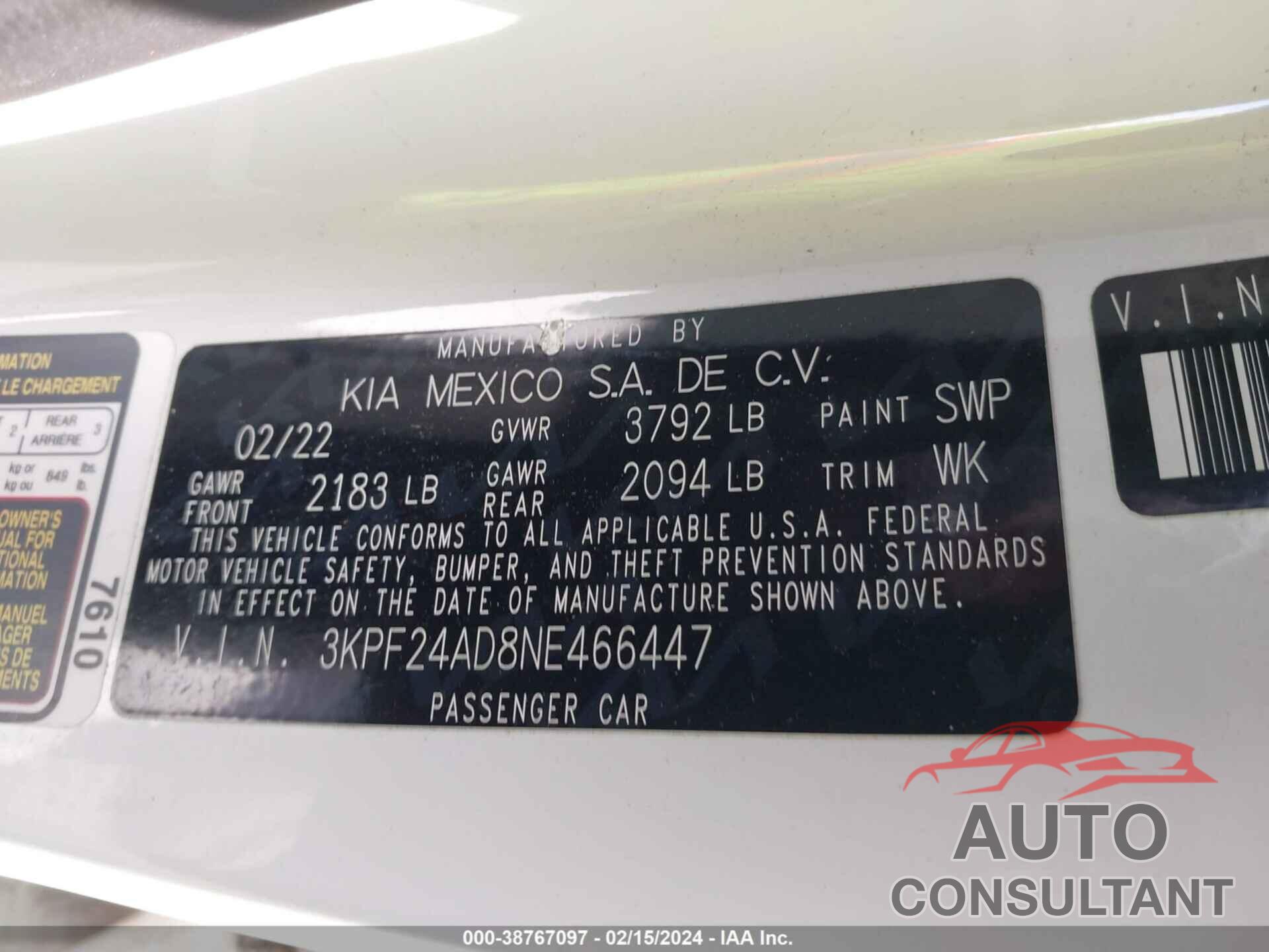 KIA FORTE 2022 - 3KPF24AD8NE466447