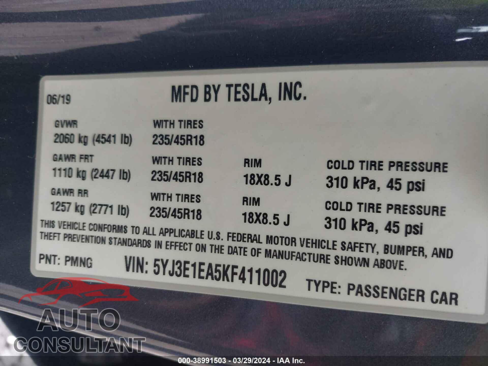 TESLA MODEL 3 2019 - 5YJ3E1EA5KF411002