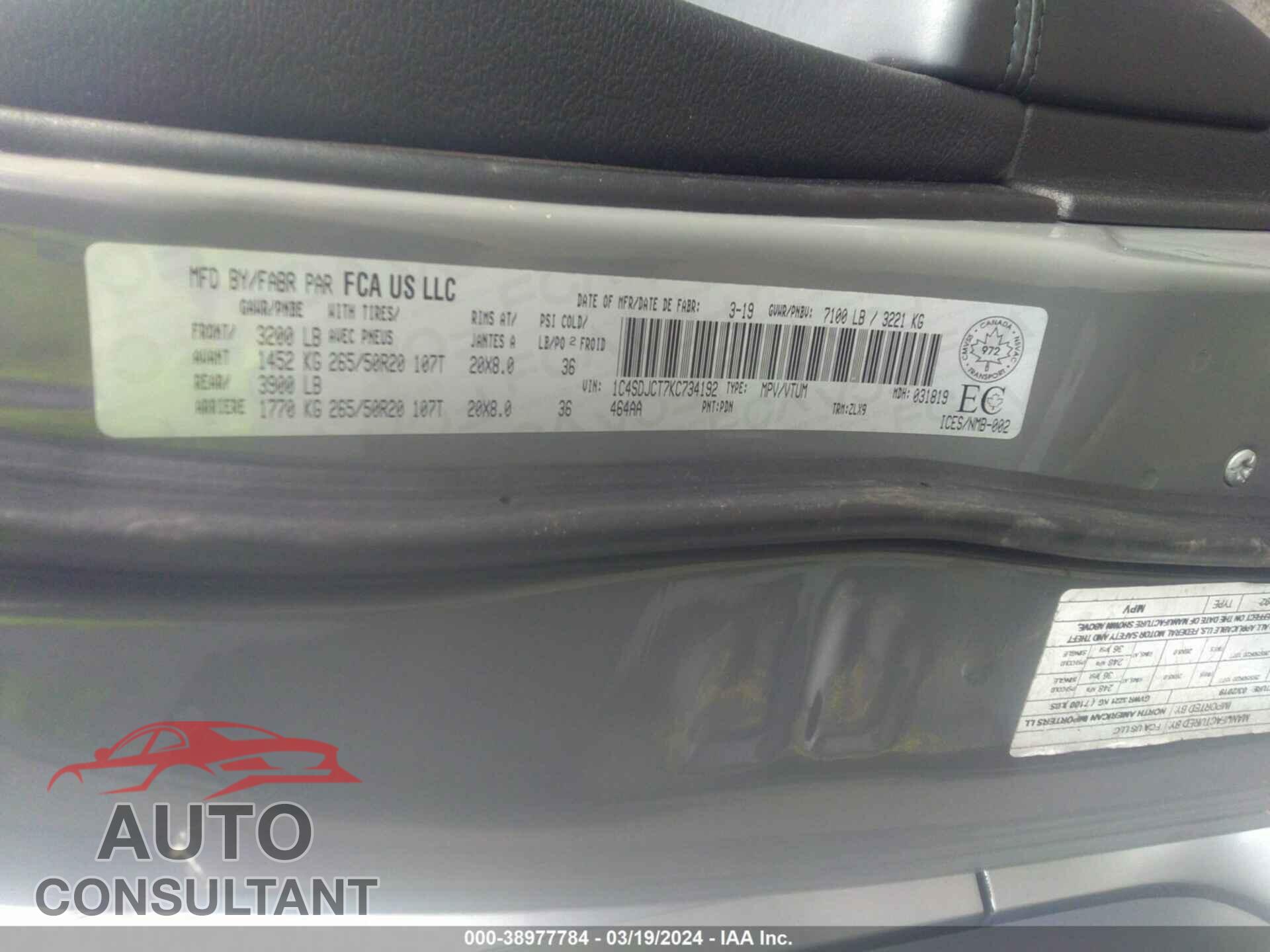 DODGE DURANGO 2019 - 1C4SDJCT7KC734192