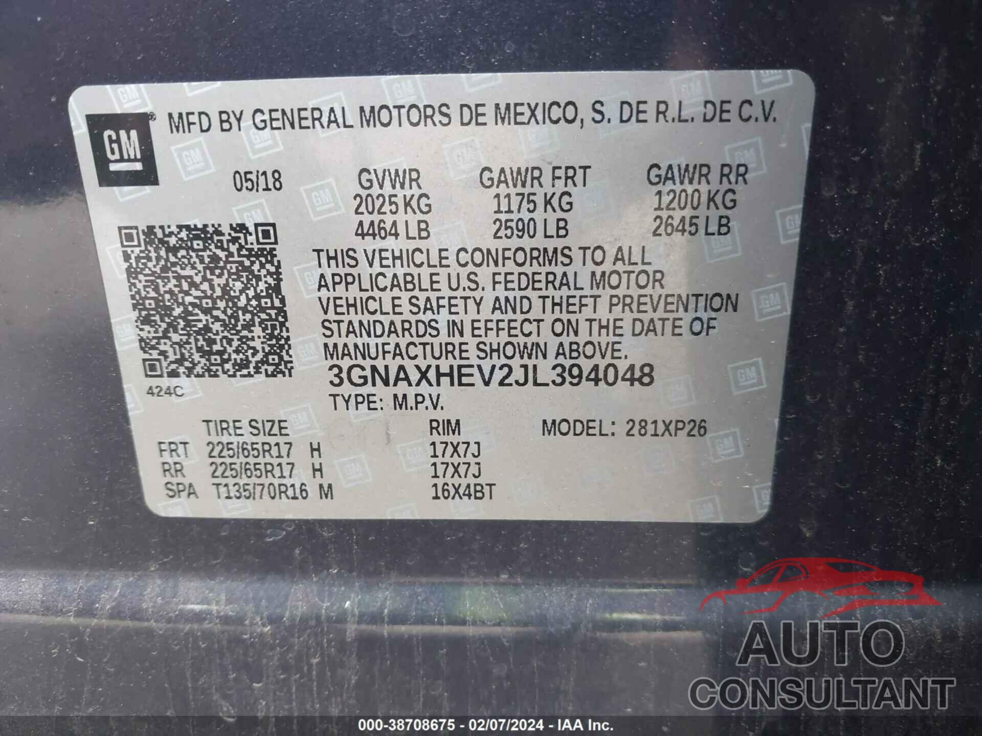 CHEVROLET EQUINOX 2018 - 3GNAXHEV2JL394048