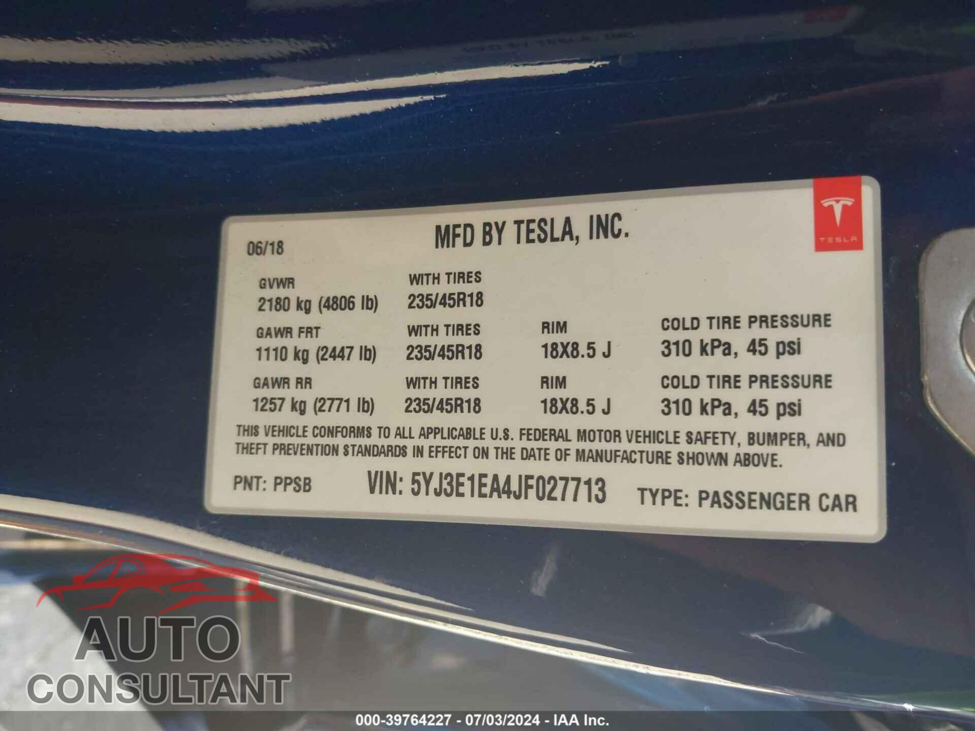 TESLA MODEL 3 2018 - 5YJ3E1EA4JF027713