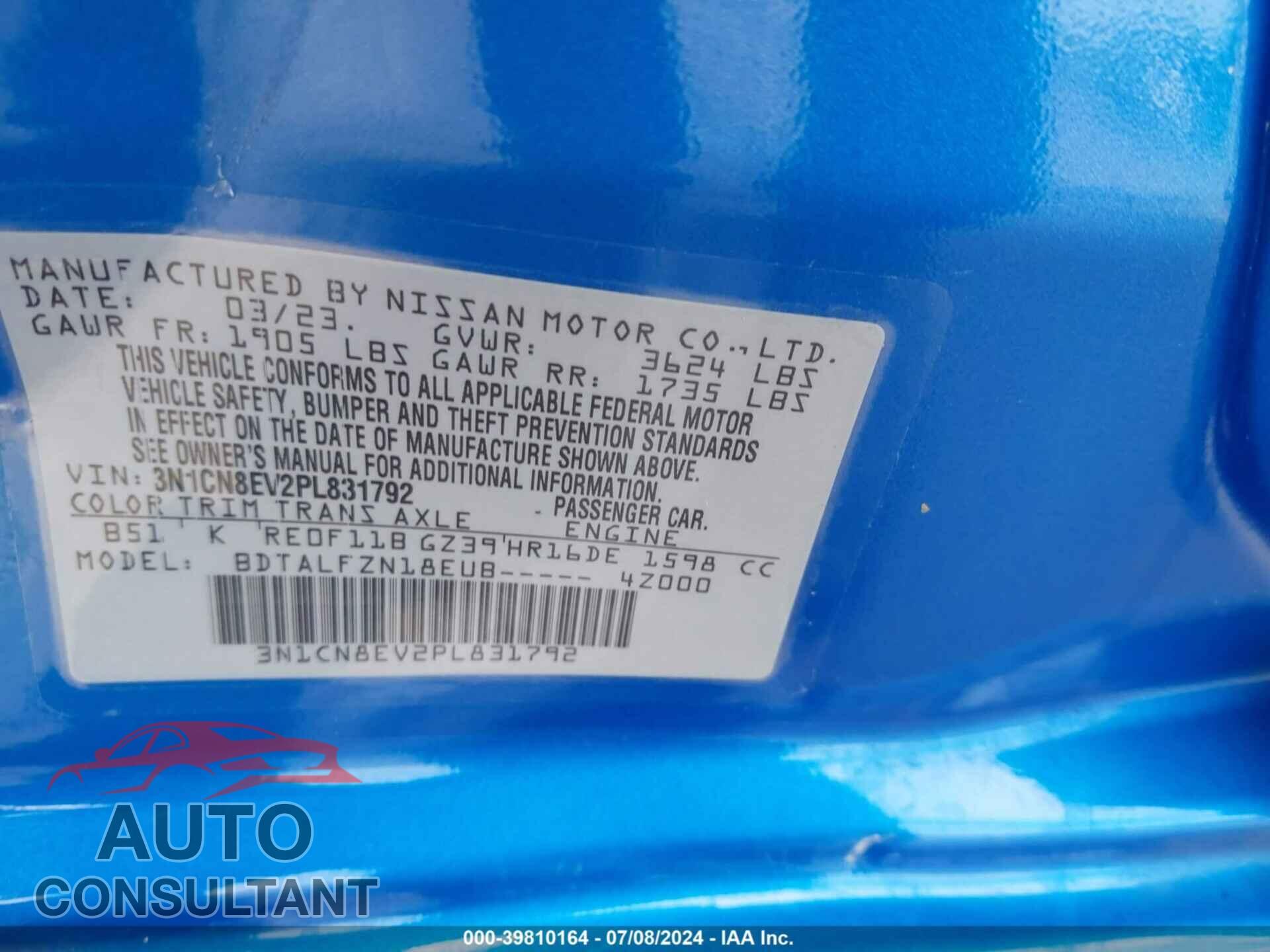 NISSAN VERSA 2023 - 3N1CN8EV2PL831792