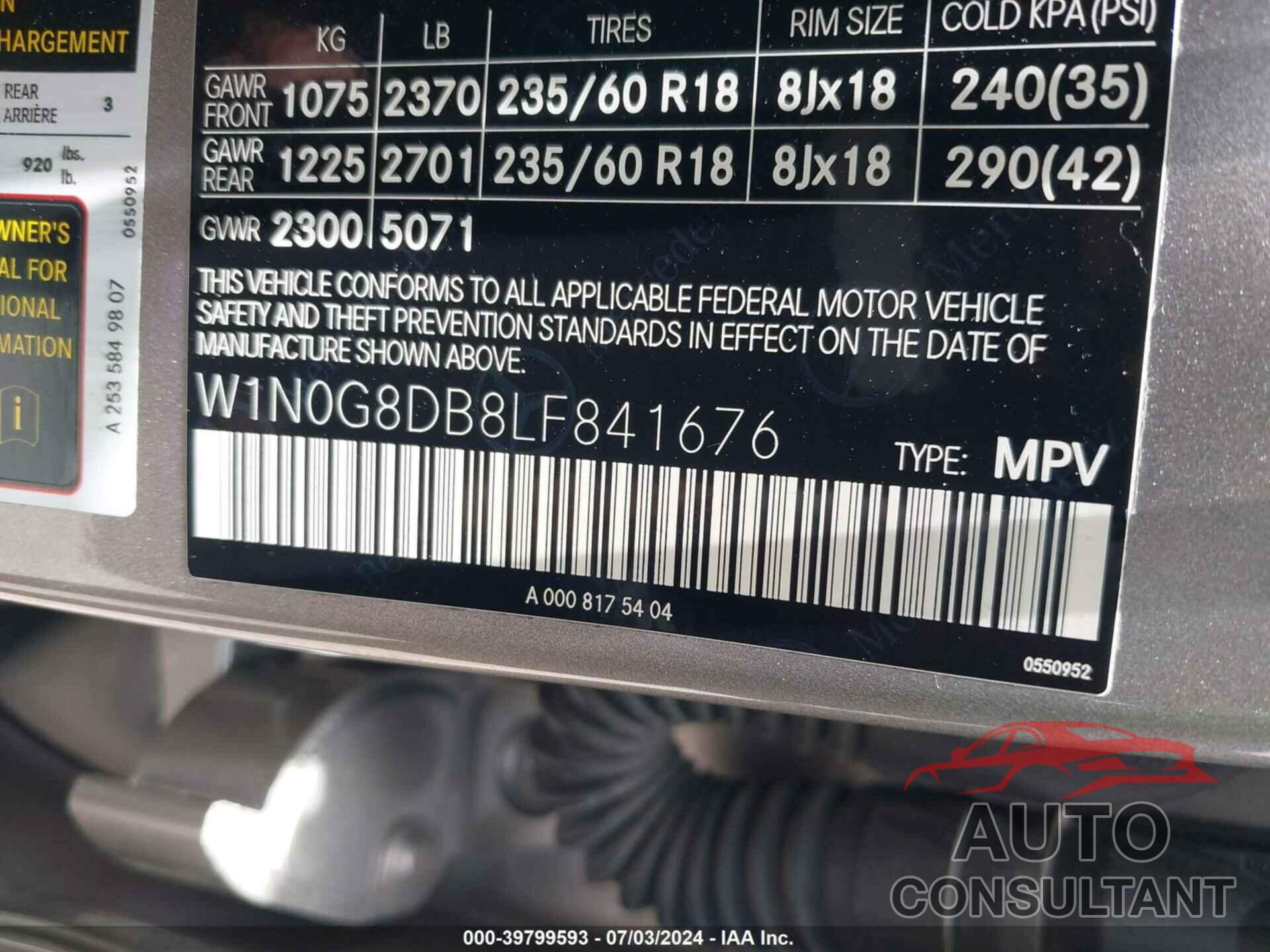 MERCEDES-BENZ GLC 300 2020 - W1N0G8DB8LF841676