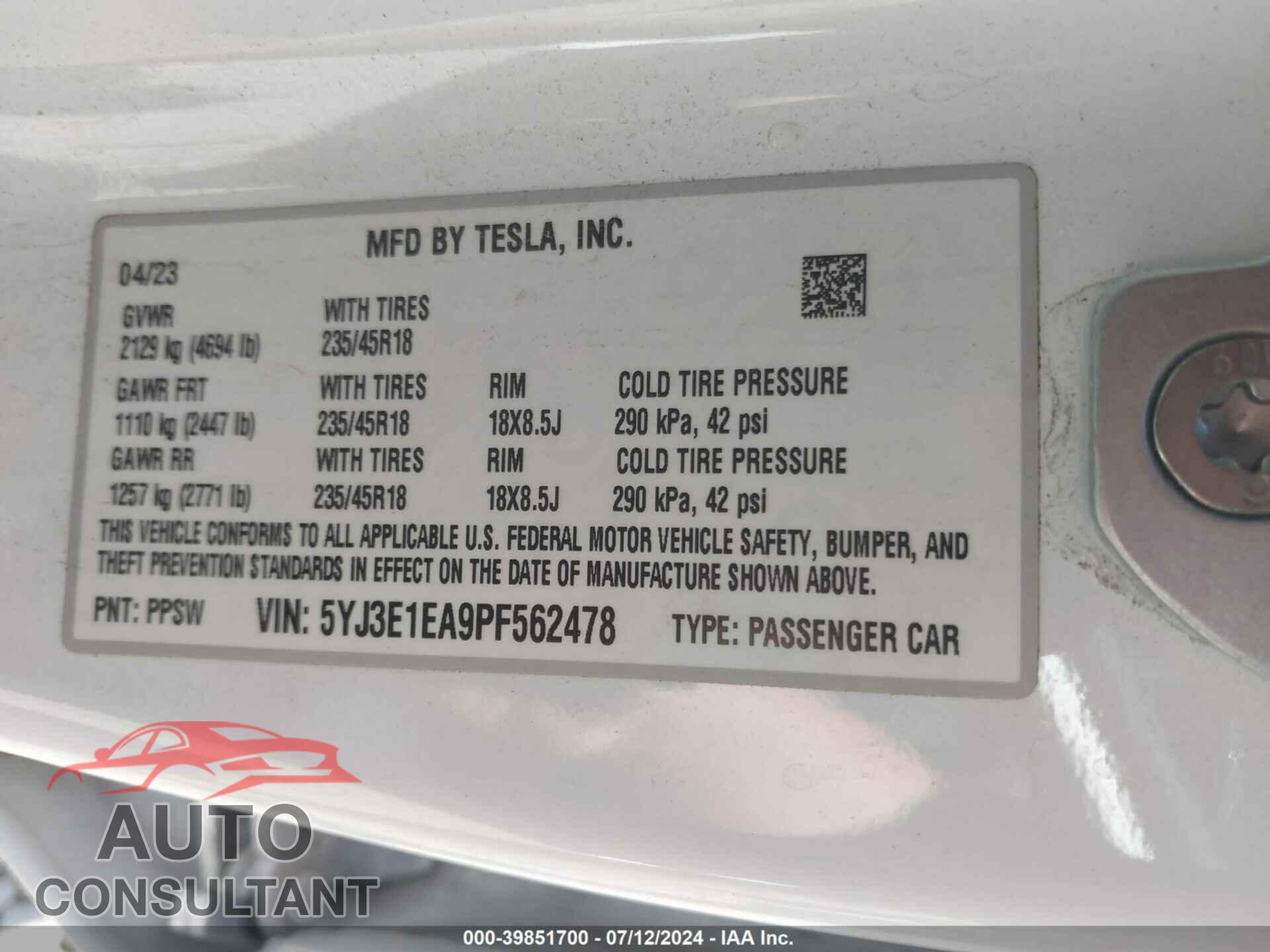 TESLA MODEL 3 2023 - 5YJ3E1EA9PF562478