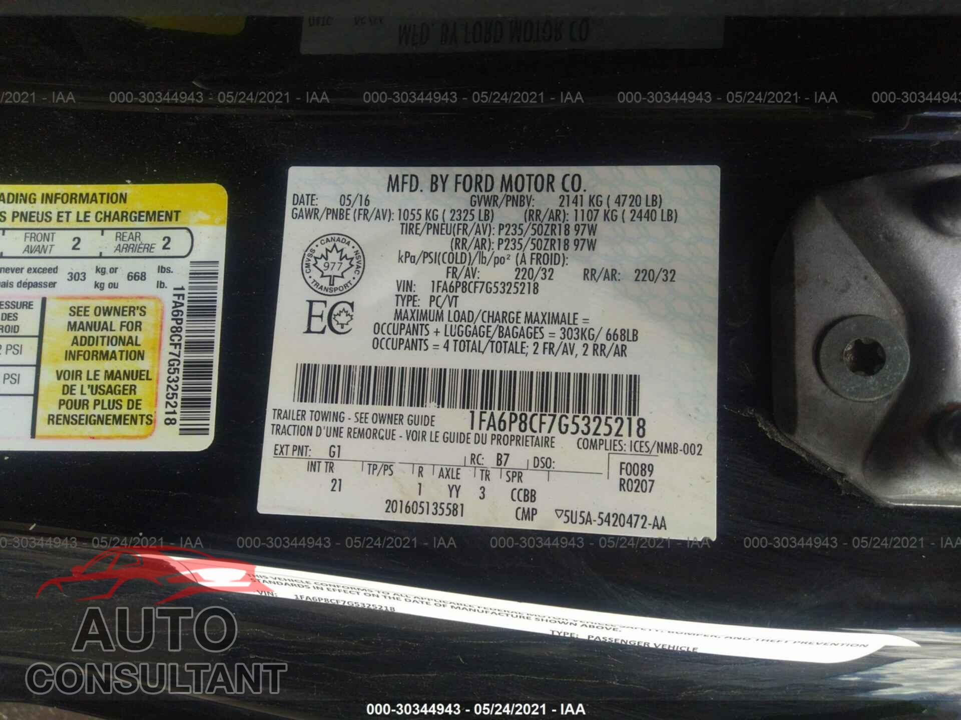 FORD MUSTANG 2016 - 1FA6P8CF7G5325218