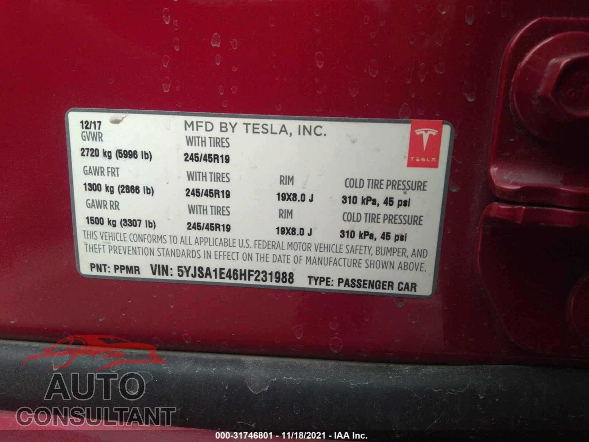 TESLA MODEL S 2017 - 5YJSA1E46HF231988