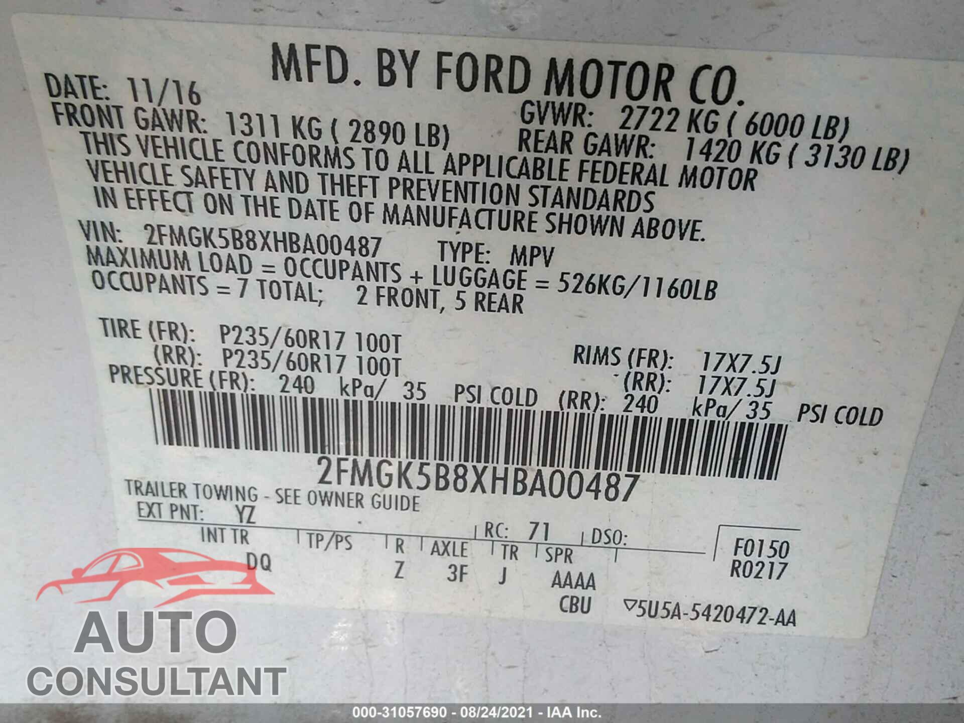 FORD FLEX 2017 - 2FMGK5B8XHBA00487