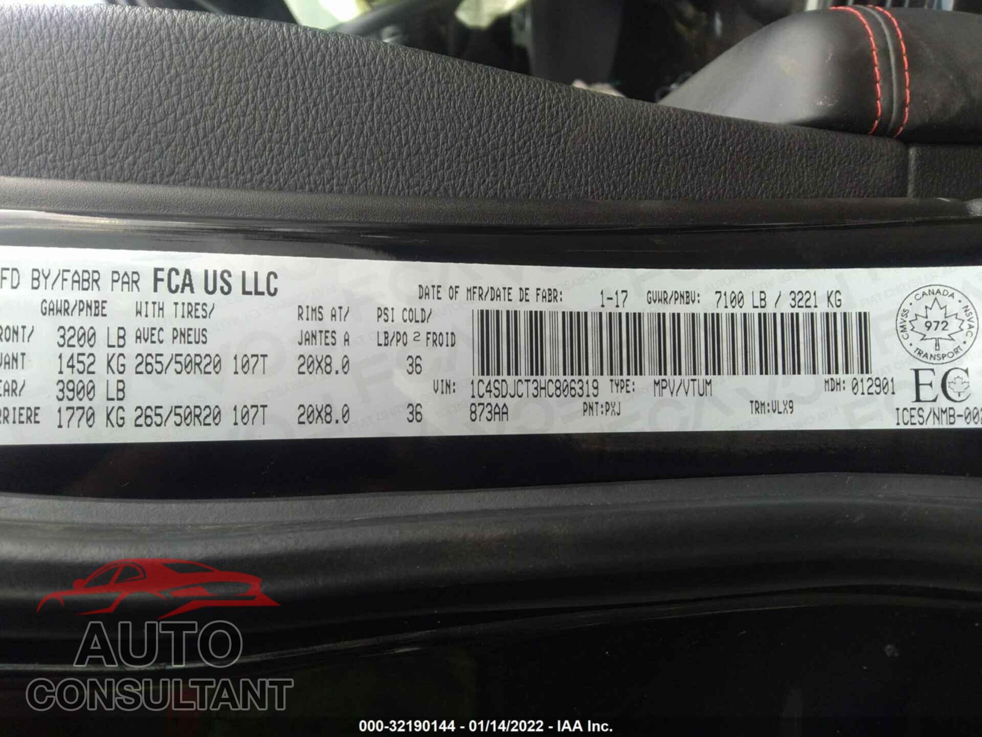 DODGE DURANGO 2017 - 1C4SDJCT3HC806319