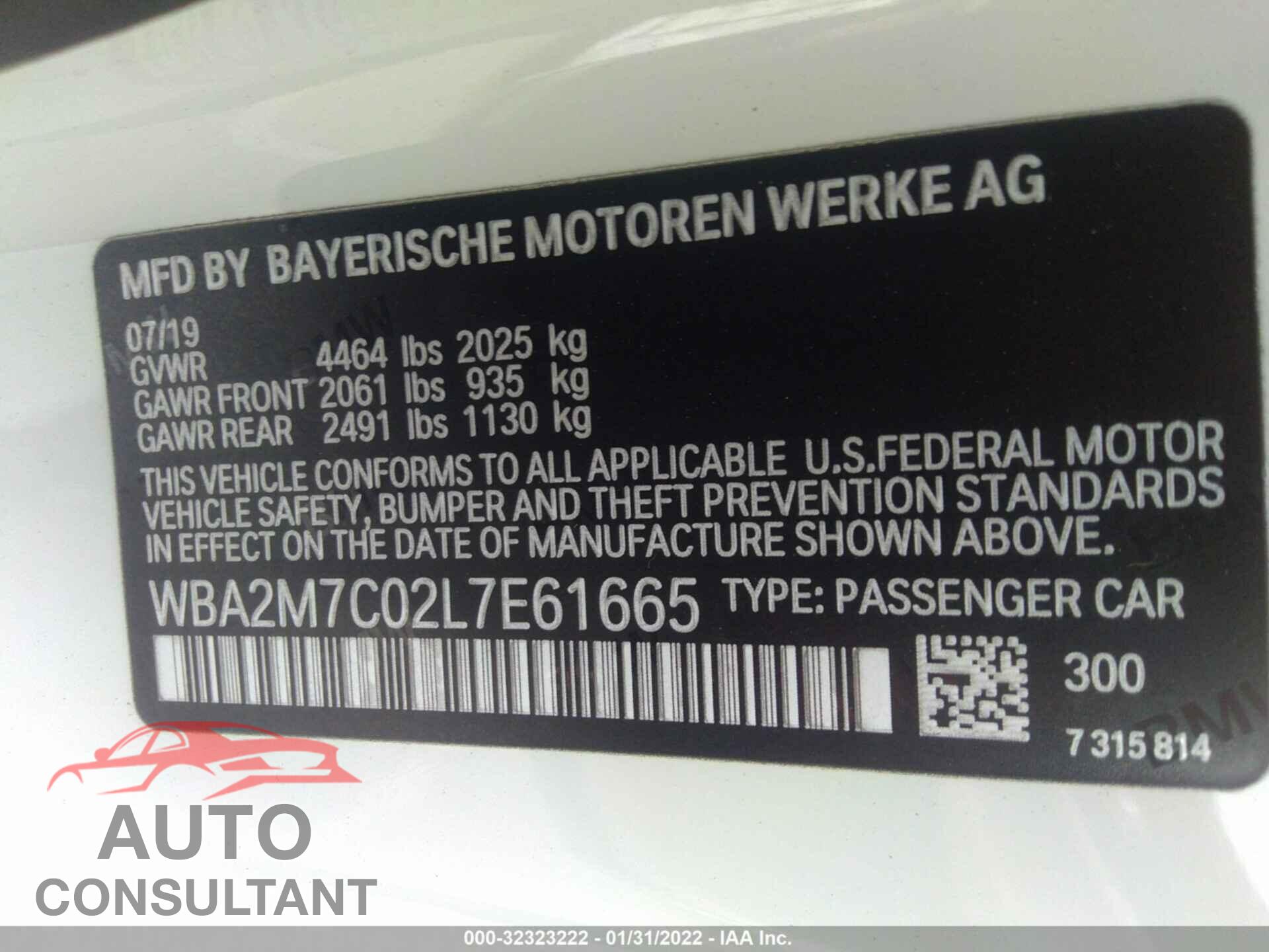 BMW 2 SERIES 2020 - WBA2M7C02L7E61665