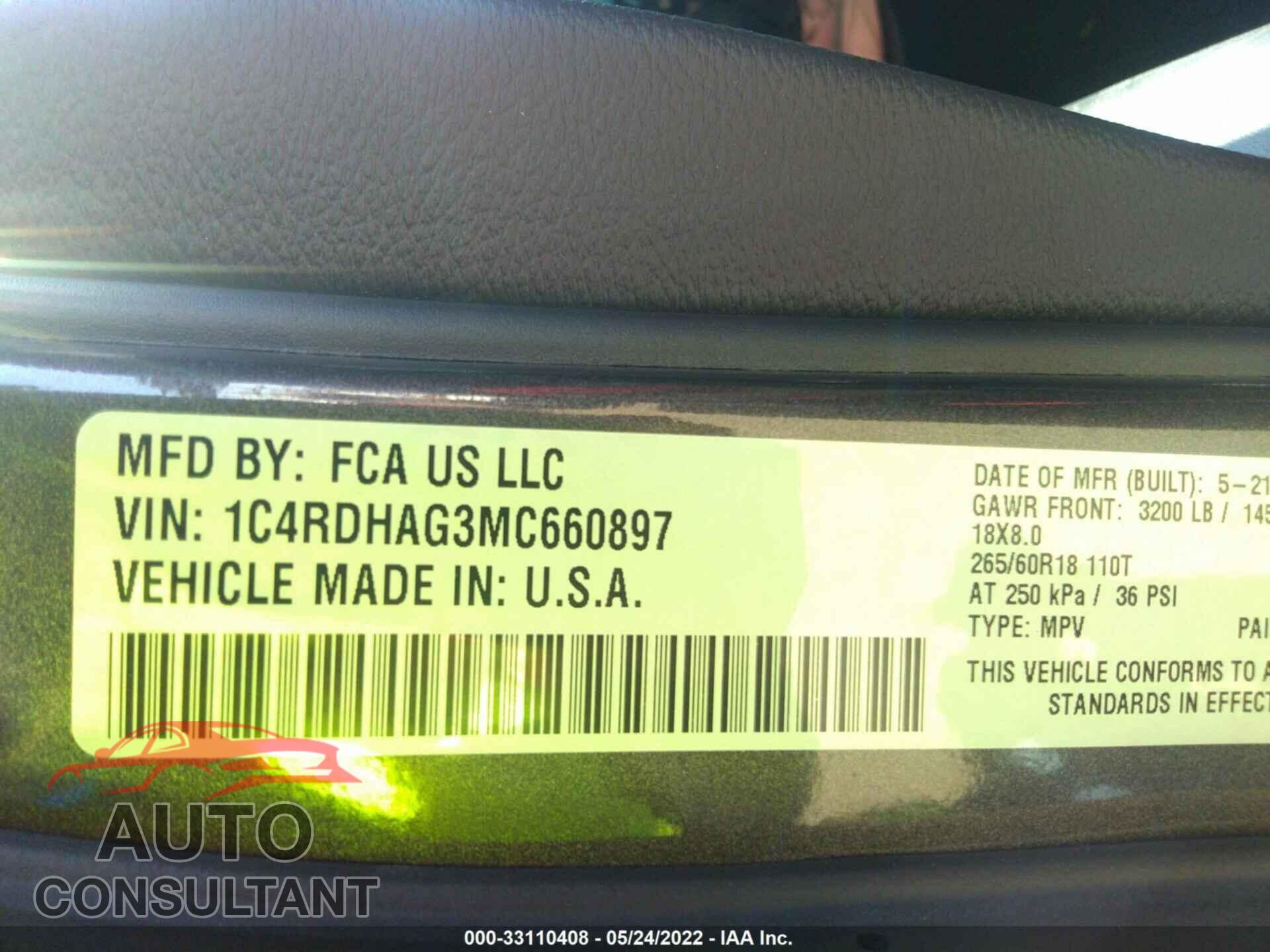 DODGE DURANGO 2021 - 1C4RDHAG3MC660897