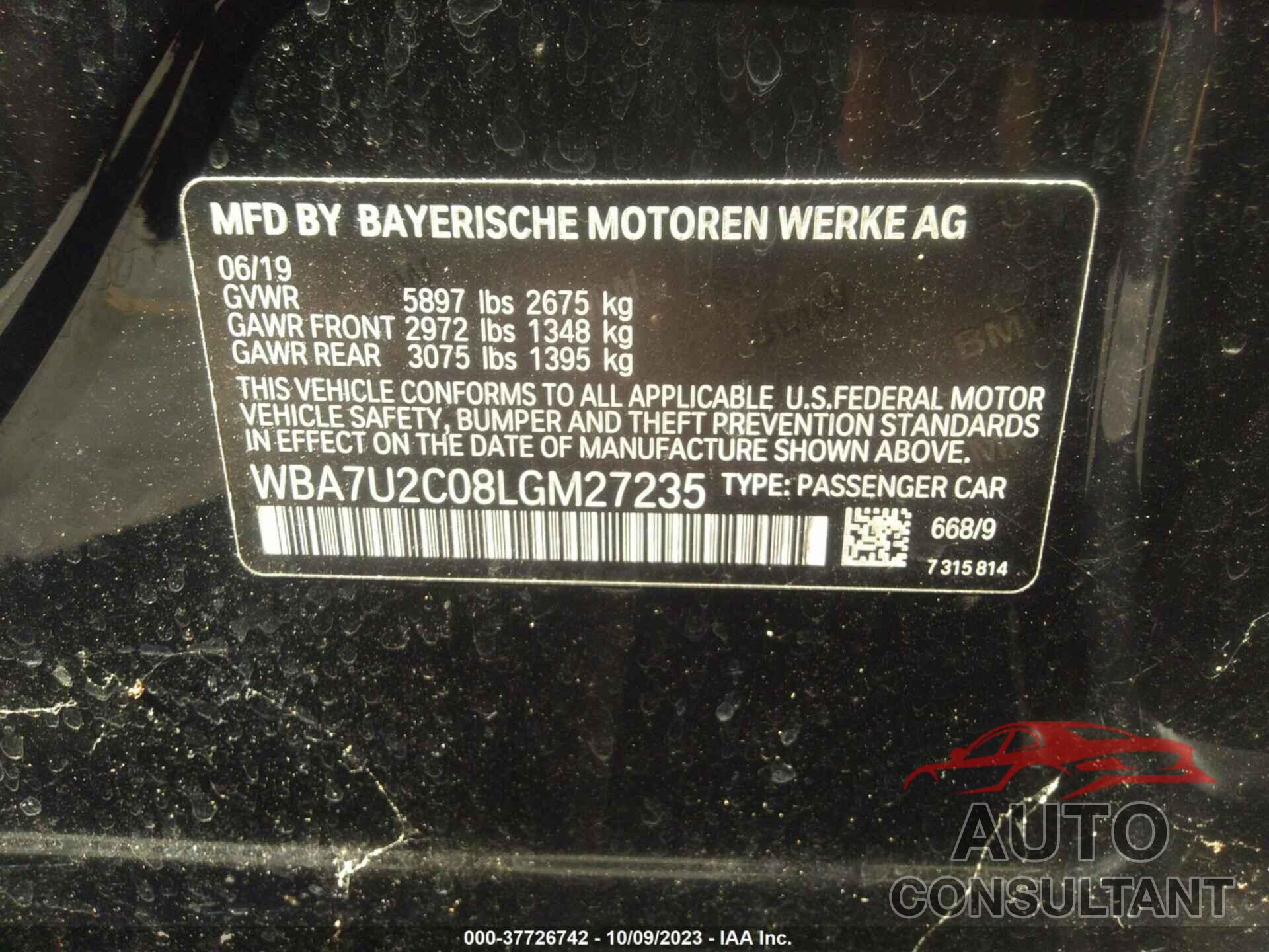 BMW 7 SERIES 2020 - WBA7U2C08LGM27235