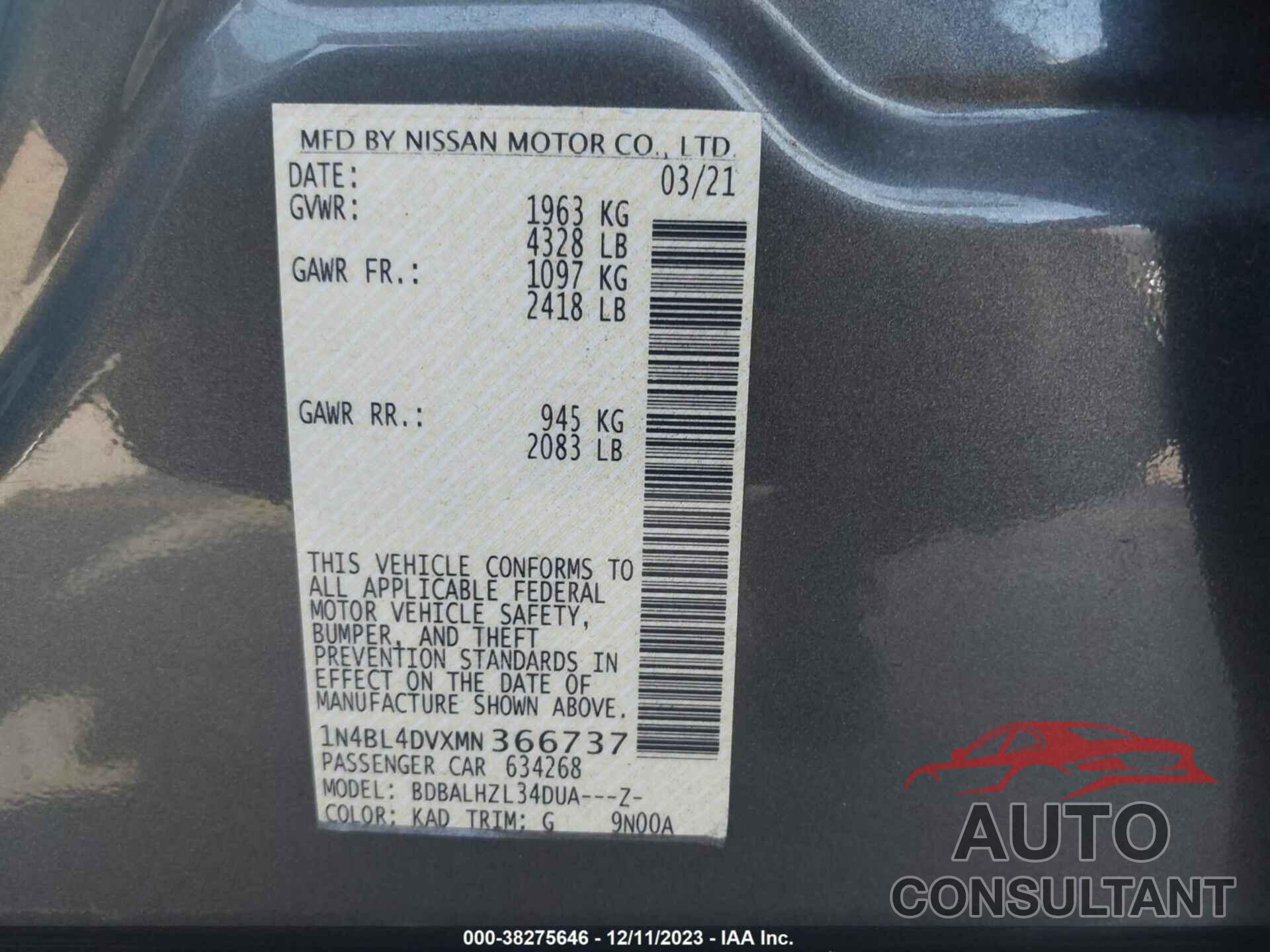 NISSAN ALTIMA 2021 - 1N4BL4DVXMN366737