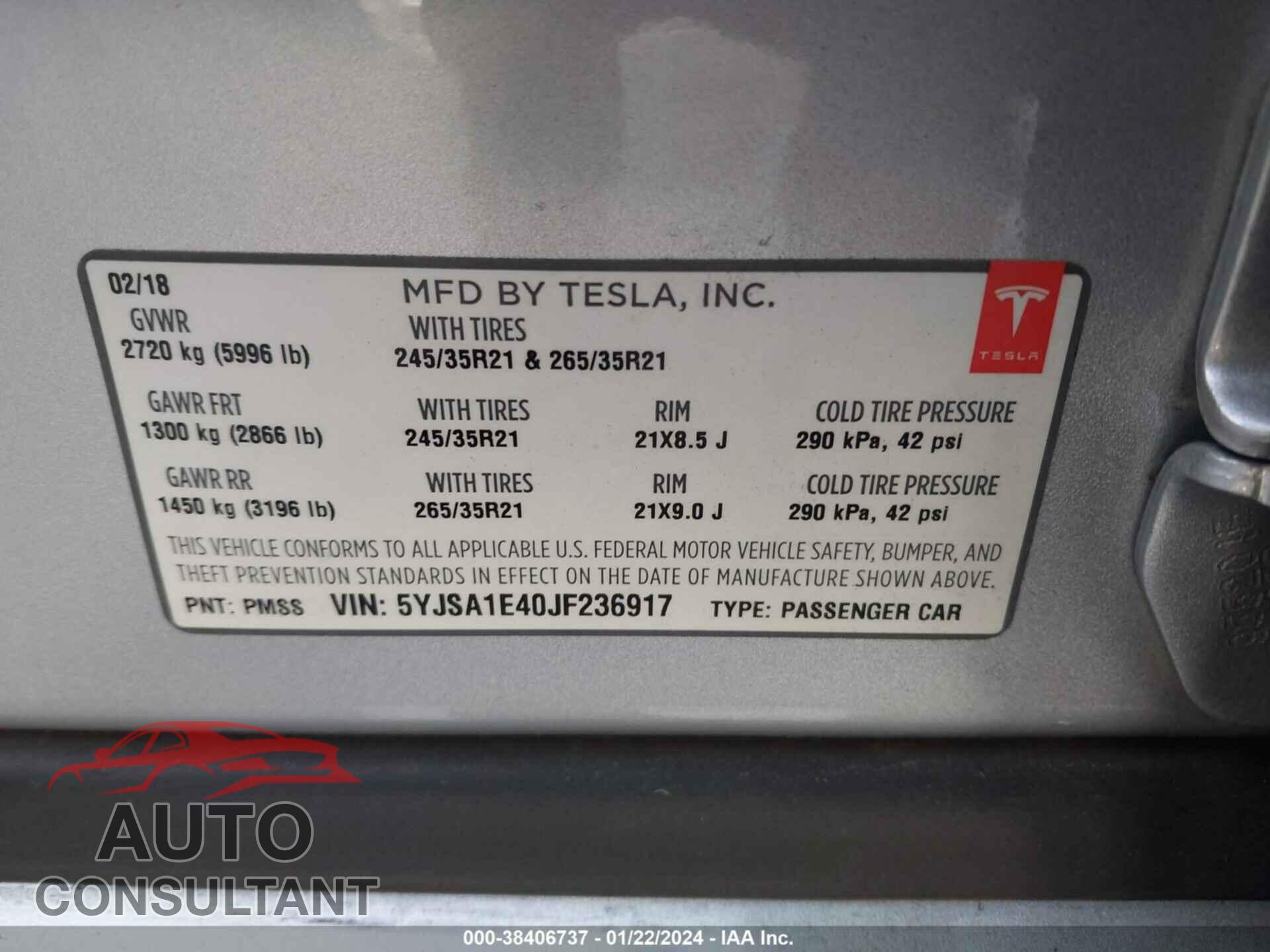 TESLA MODEL S 2018 - 5YJSA1E40JF236917