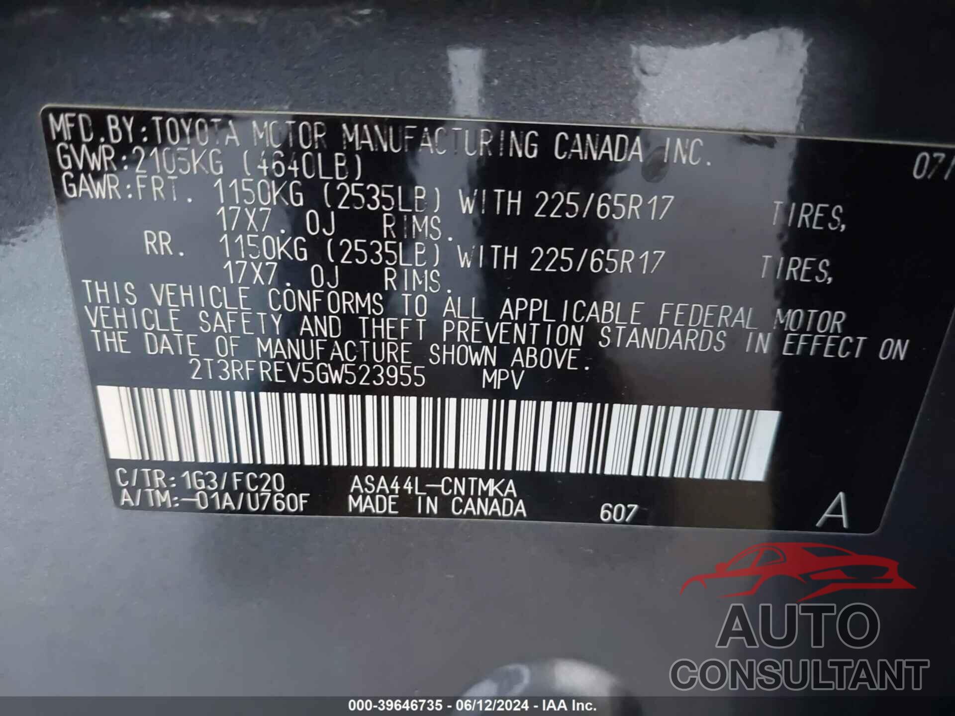 TOYOTA RAV4 2016 - 2T3RFREV5GW523955