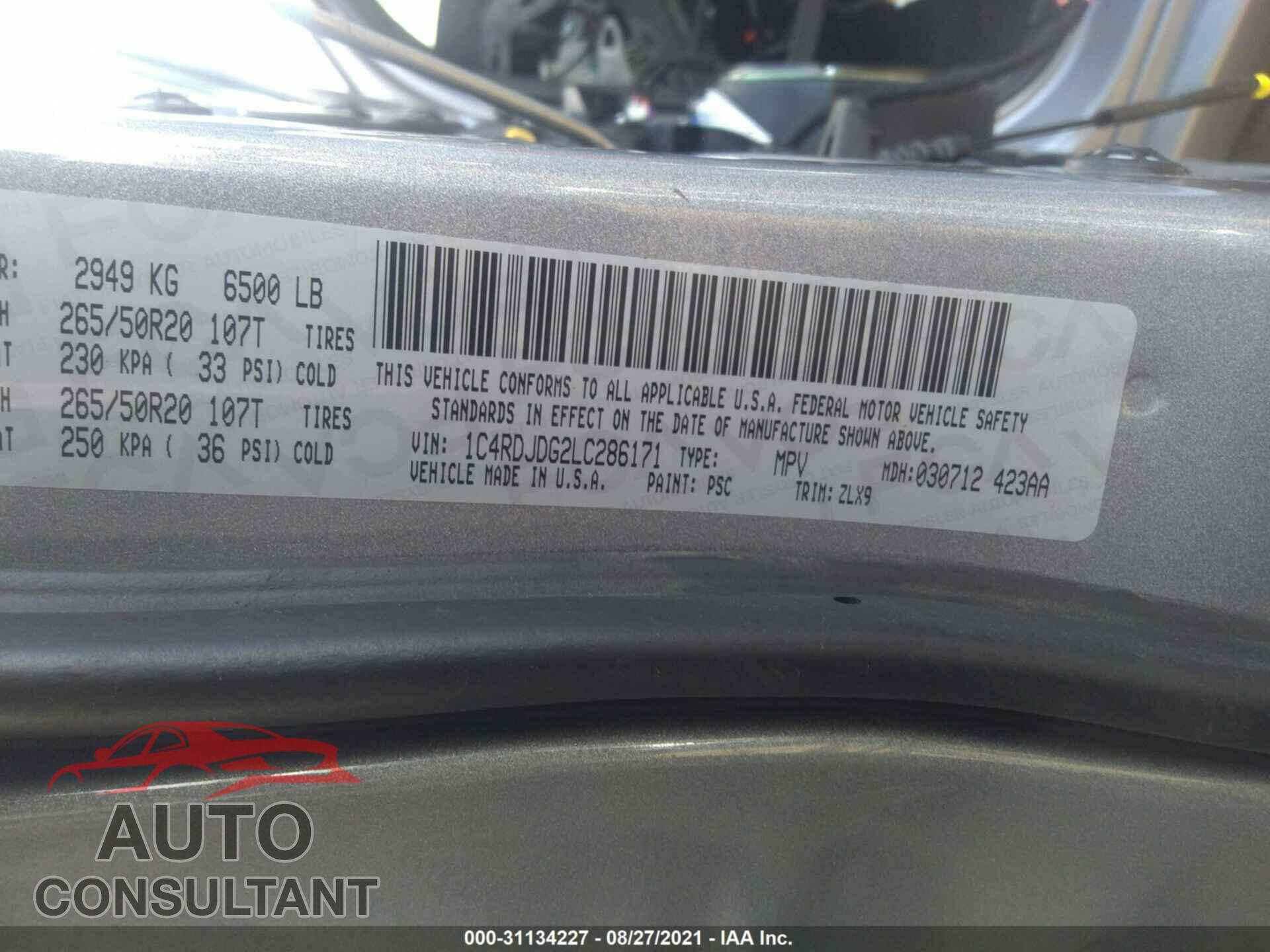 DODGE DURANGO 2020 - 1C4RDJDG2LC286171