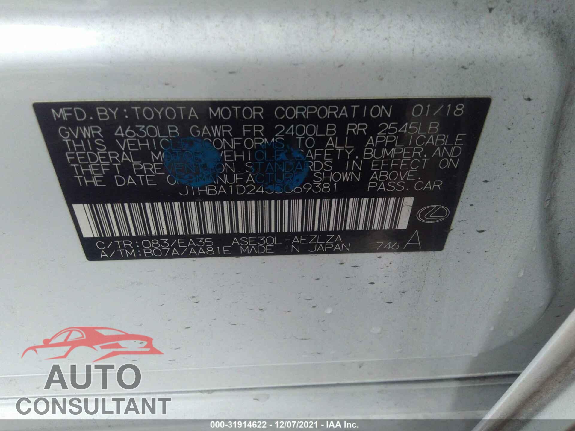 LEXUS IS 2018 - JTHBA1D24J5069381