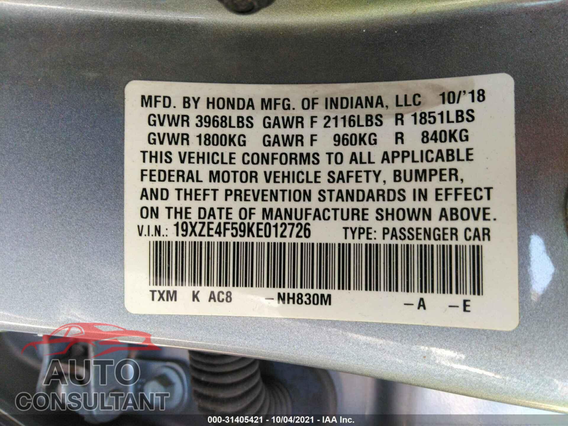 HONDA INSIGHT 2019 - 19XZE4F59KE012726