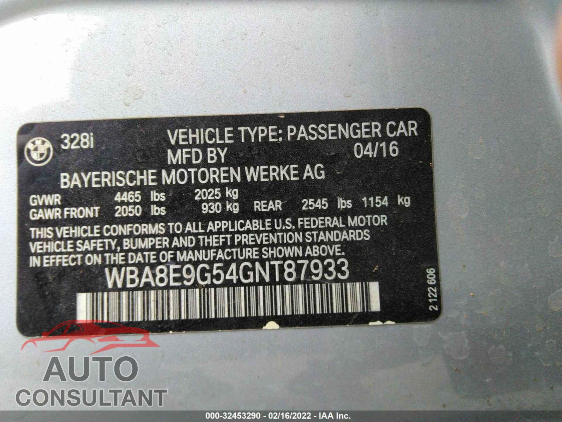 BMW 3 SERIES 2016 - WBA8E9G54GNT87933