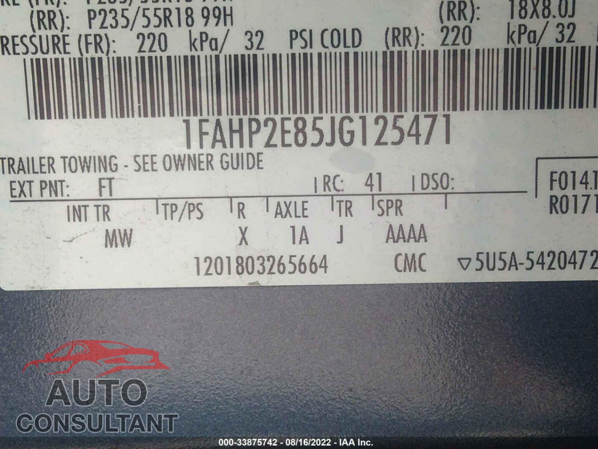 FORD TAURUS 2018 - 1FAHP2E85JG125471