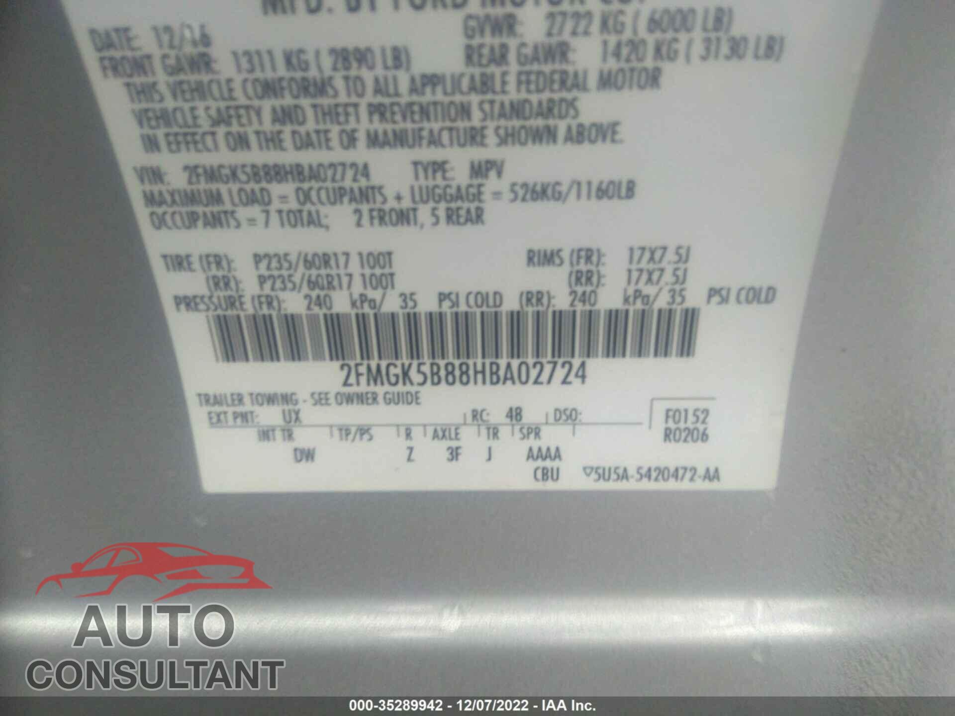 FORD FLEX 2017 - 2FMGK5B88HBA02724