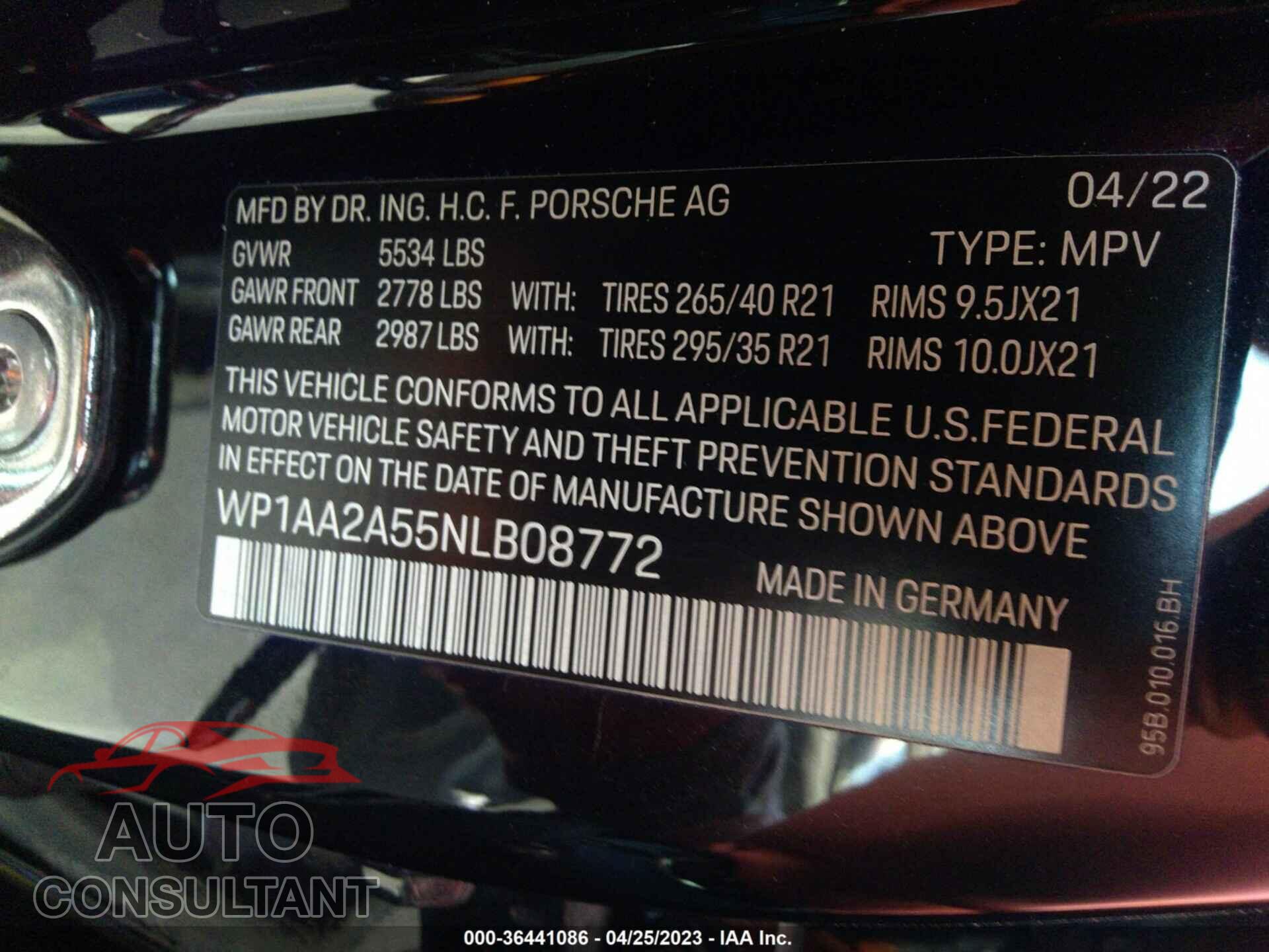 PORSCHE MACAN 2022 - WP1AA2A55NLB08772