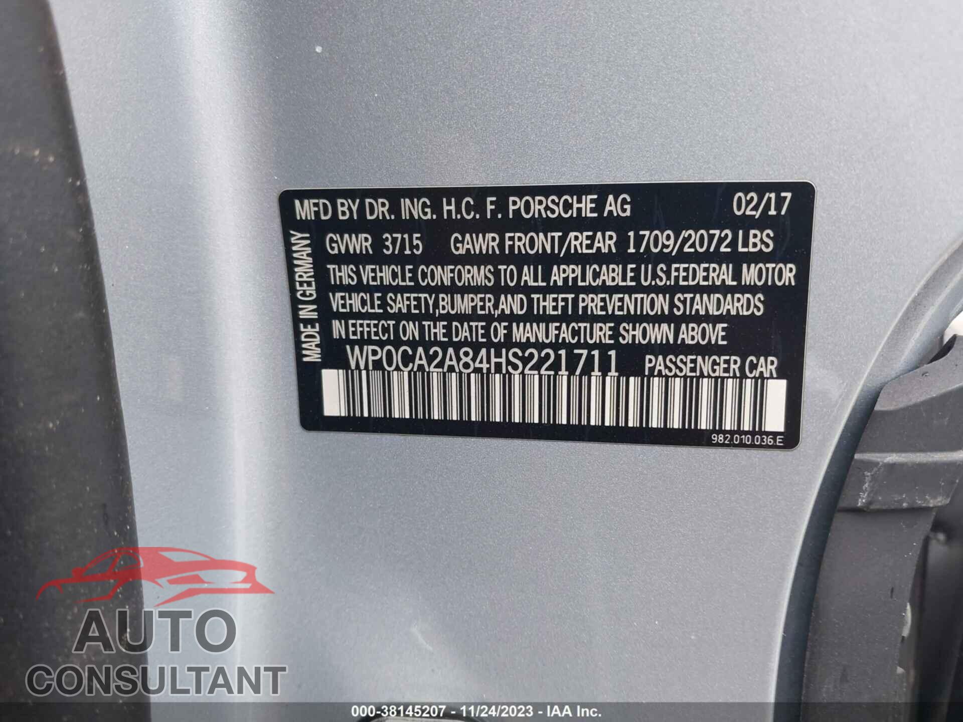 PORSCHE 718 BOXSTER 2017 - WP0CA2A84HS221711