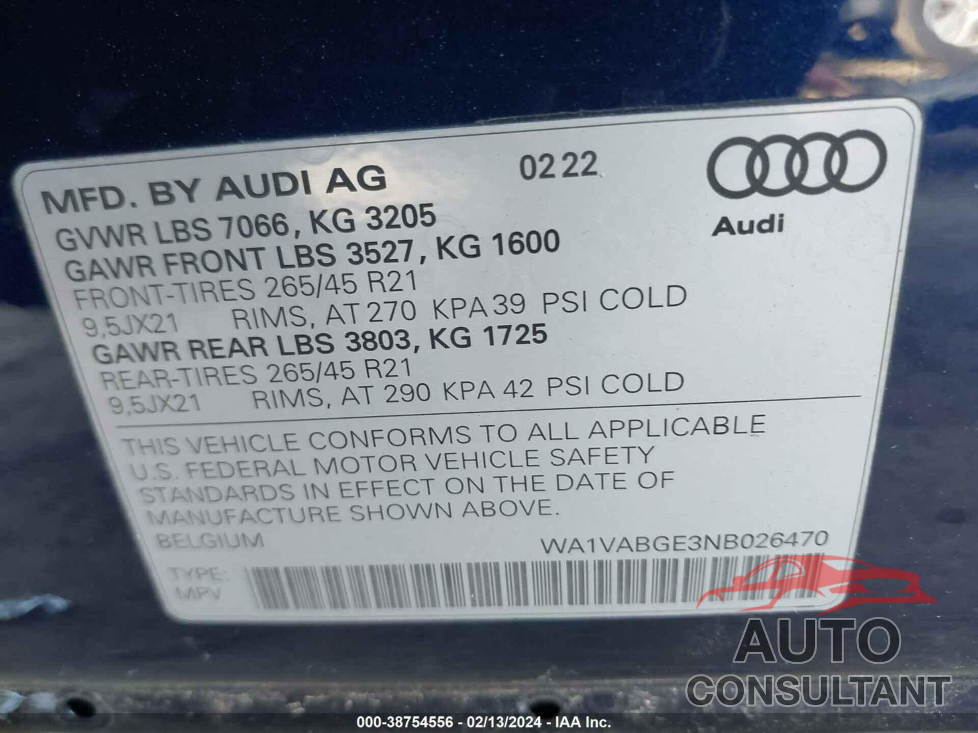 AUDI E-TRON 2022 - WA1VABGE3NB026470