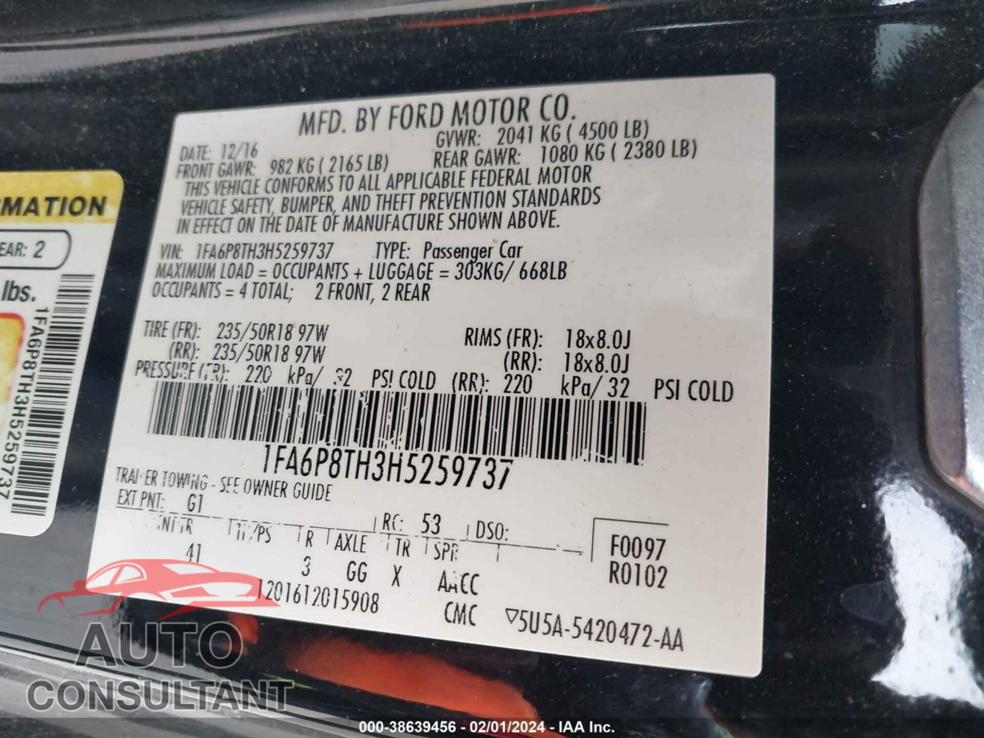 FORD MUSTANG 2017 - 1FA6P8TH3H5259737