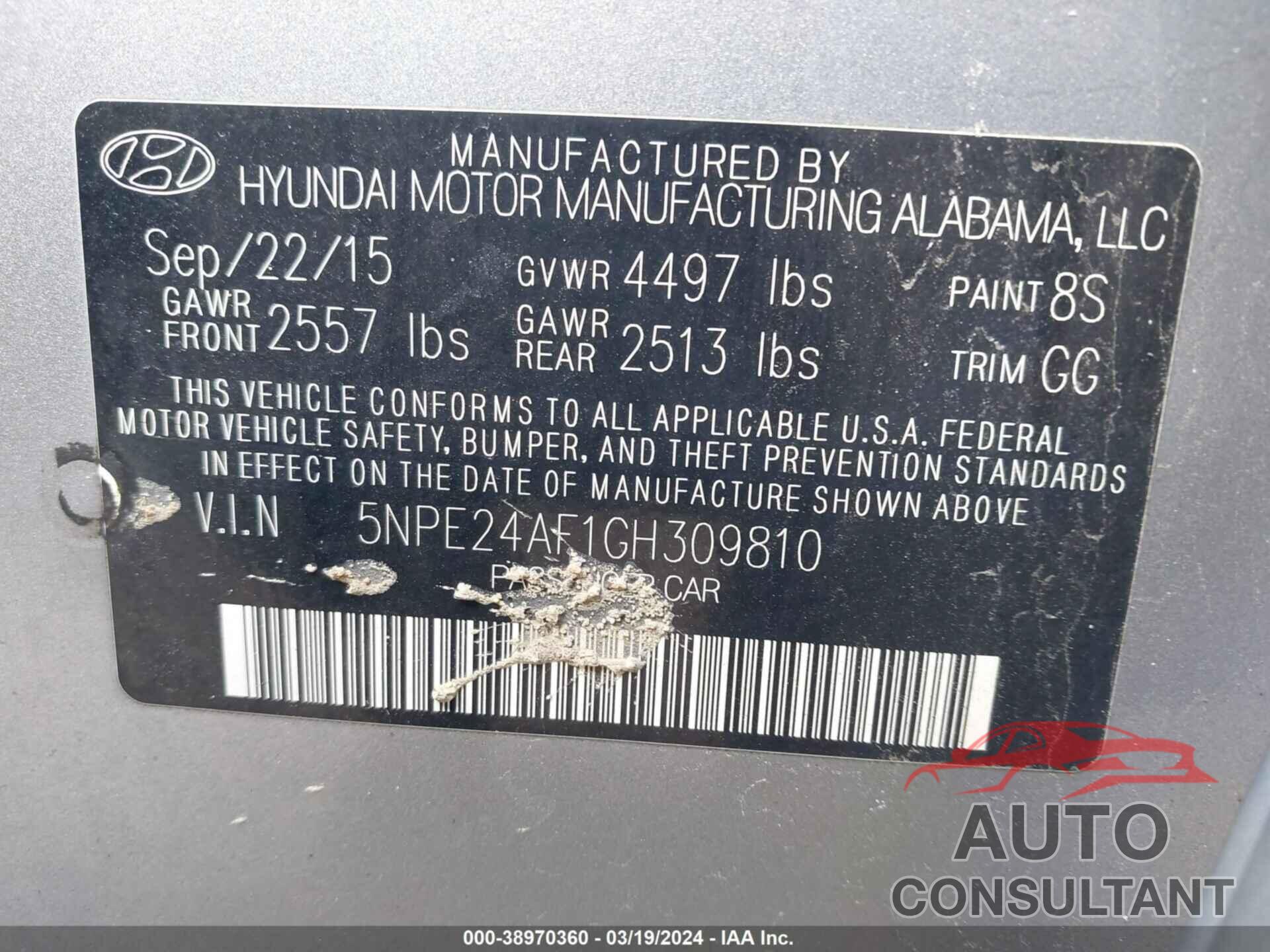 HYUNDAI SONATA 2016 - 5NPE24AF1GH309810