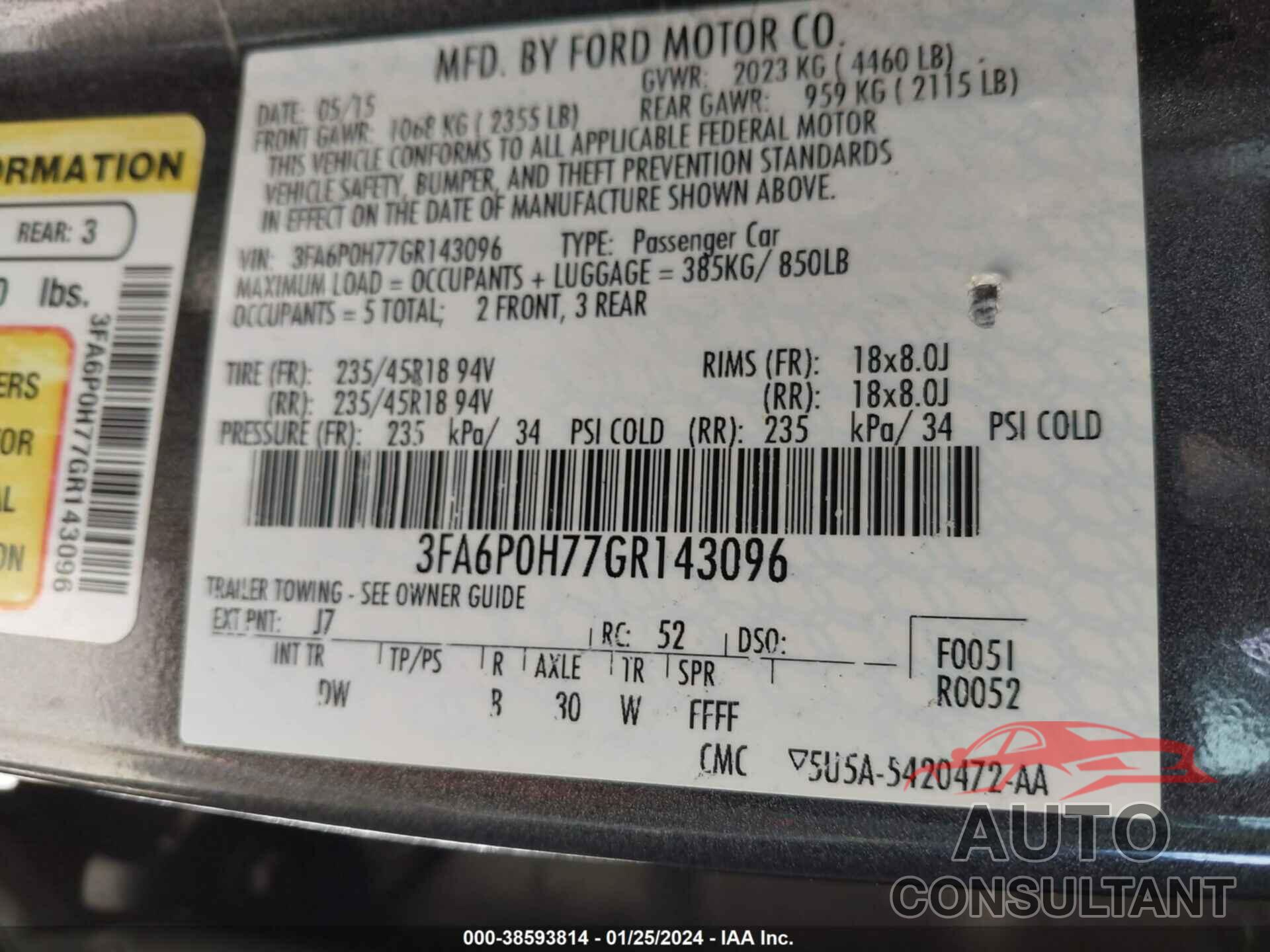 FORD FUSION 2016 - 3FA6P0H77GR143096