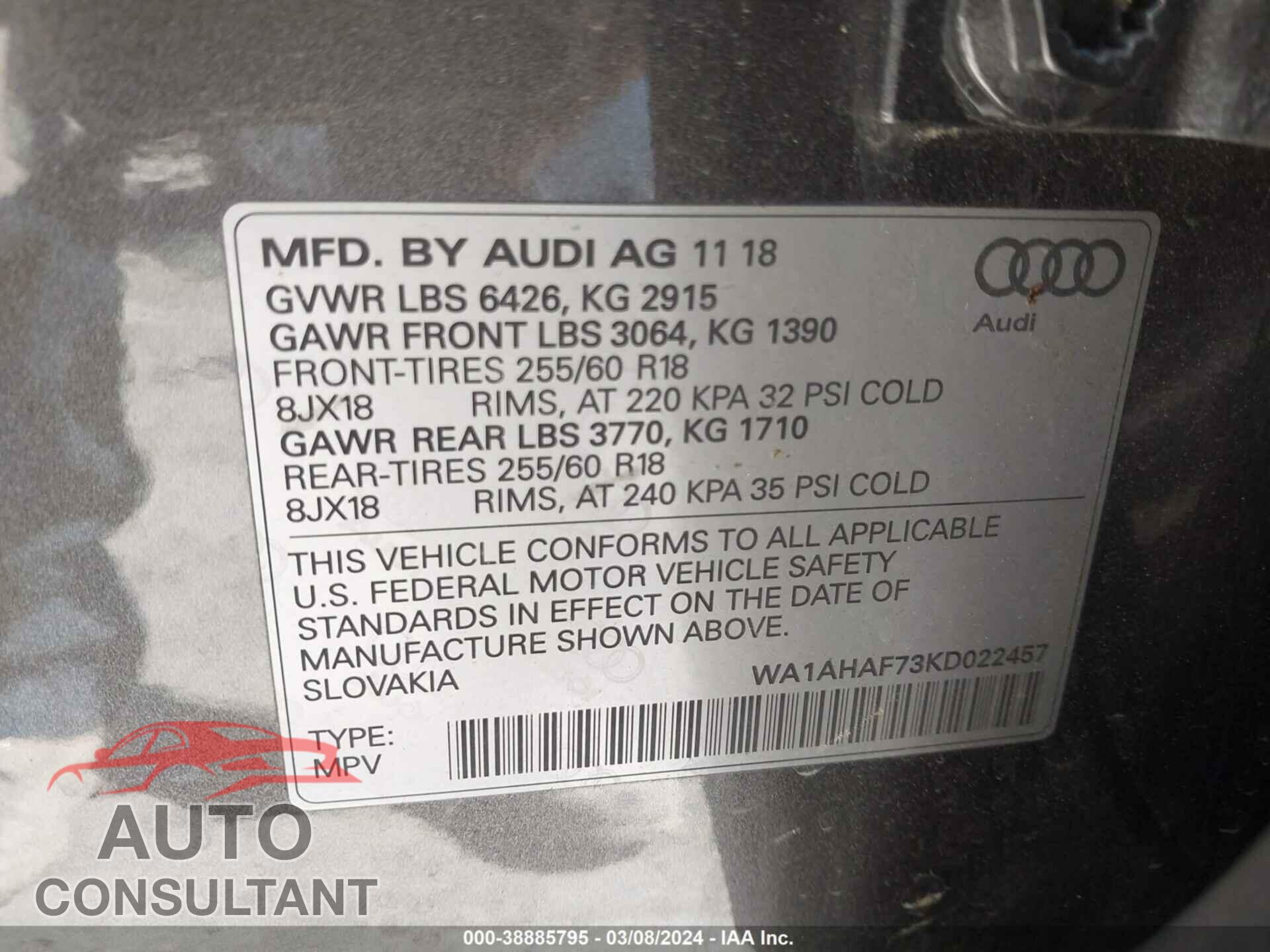 AUDI Q7 2019 - WA1AHAF73KD022457